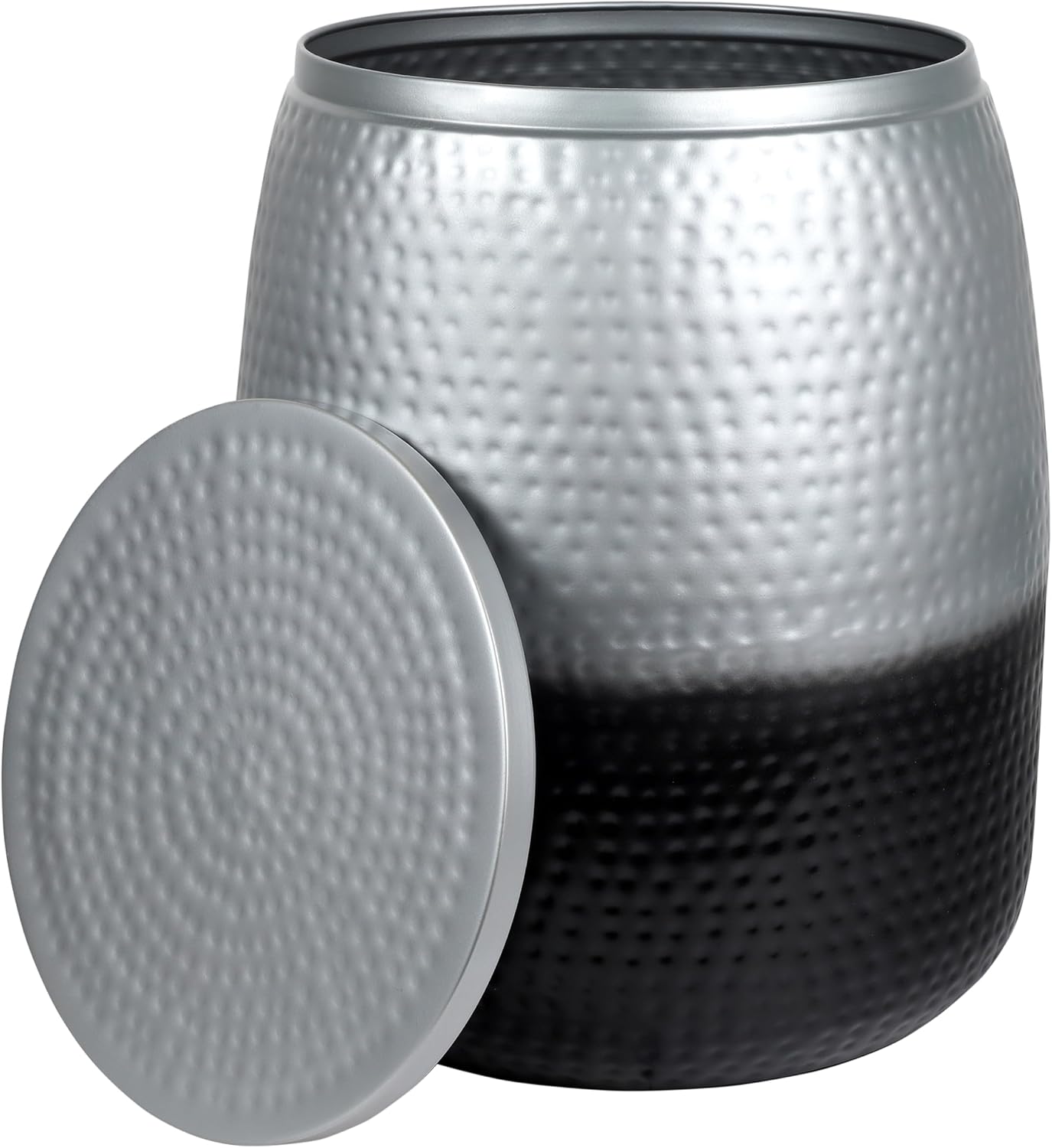 happimess SSL2000E Merida 19' Modern Rustic Hammered Metal Drum Storage Side Table with Lid, End Table for Decoration in Living Room, Bedroom, Bathroom, Silver/Black
