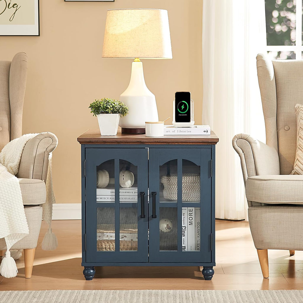 RWYHG Farmhouse Coffee and end Tables 3-Piece Set,Wood 48' Center Table with 4 Drawers,Large Sofa Side Table with Charging Station & with Glass Barn Door Storage for Home Living Room Hallway,Blue