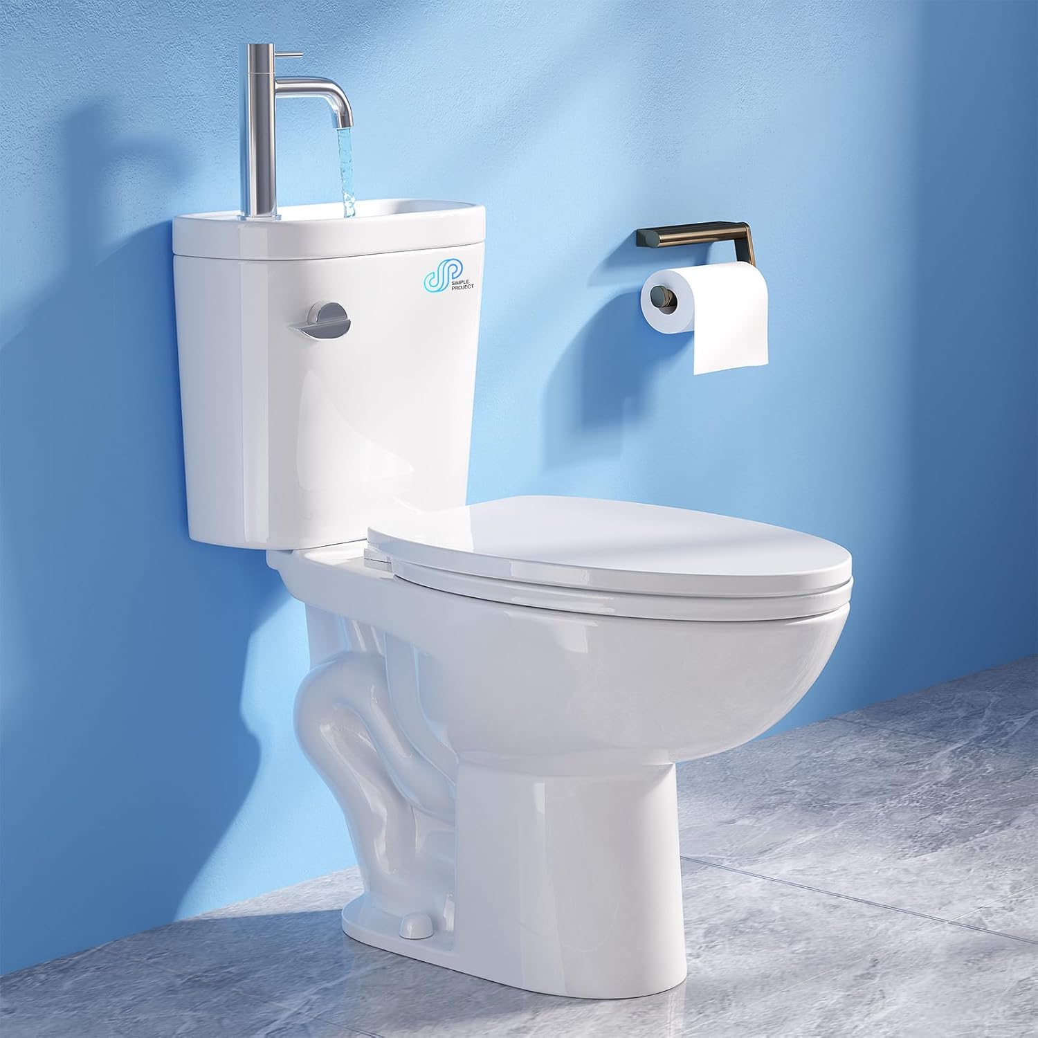 Simple Project Tall Toilet with Sink, Modern 2 in 1 Toilet Bowl with Faucet＆ Comfort Chair Height Seat, Powerful ＆Quiet 1.28 GPF Single Flush, 12' Rough In Elongated High Toilets for Small Bathrooms