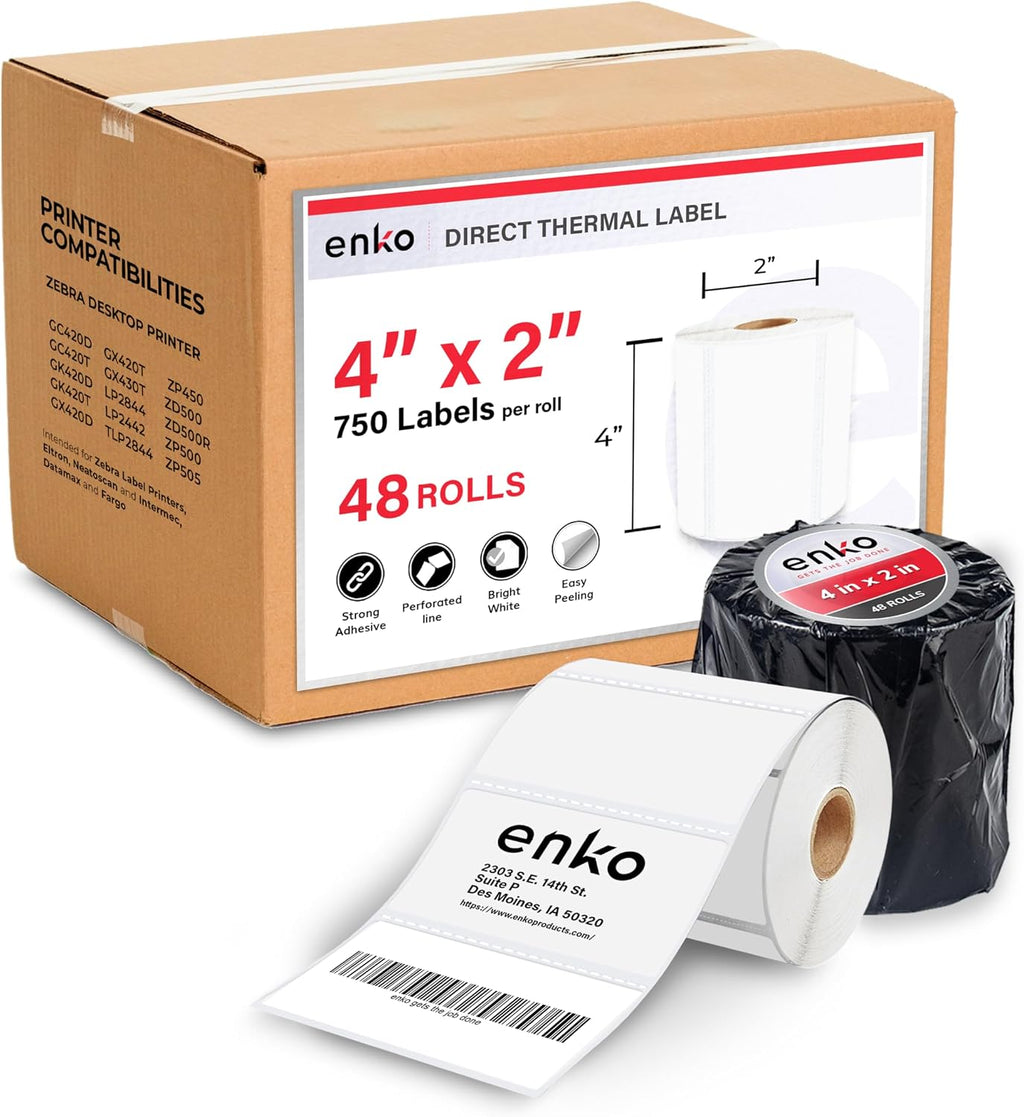 enKo 4' x 2' Labels for Zebra Desktop Printers (48 Rolls | 36,000 Labels) Direct Thermal Address Mailing Shipping Barcode FBA Stickers FNSKU Label for Zebra and Eltron (Perforated)