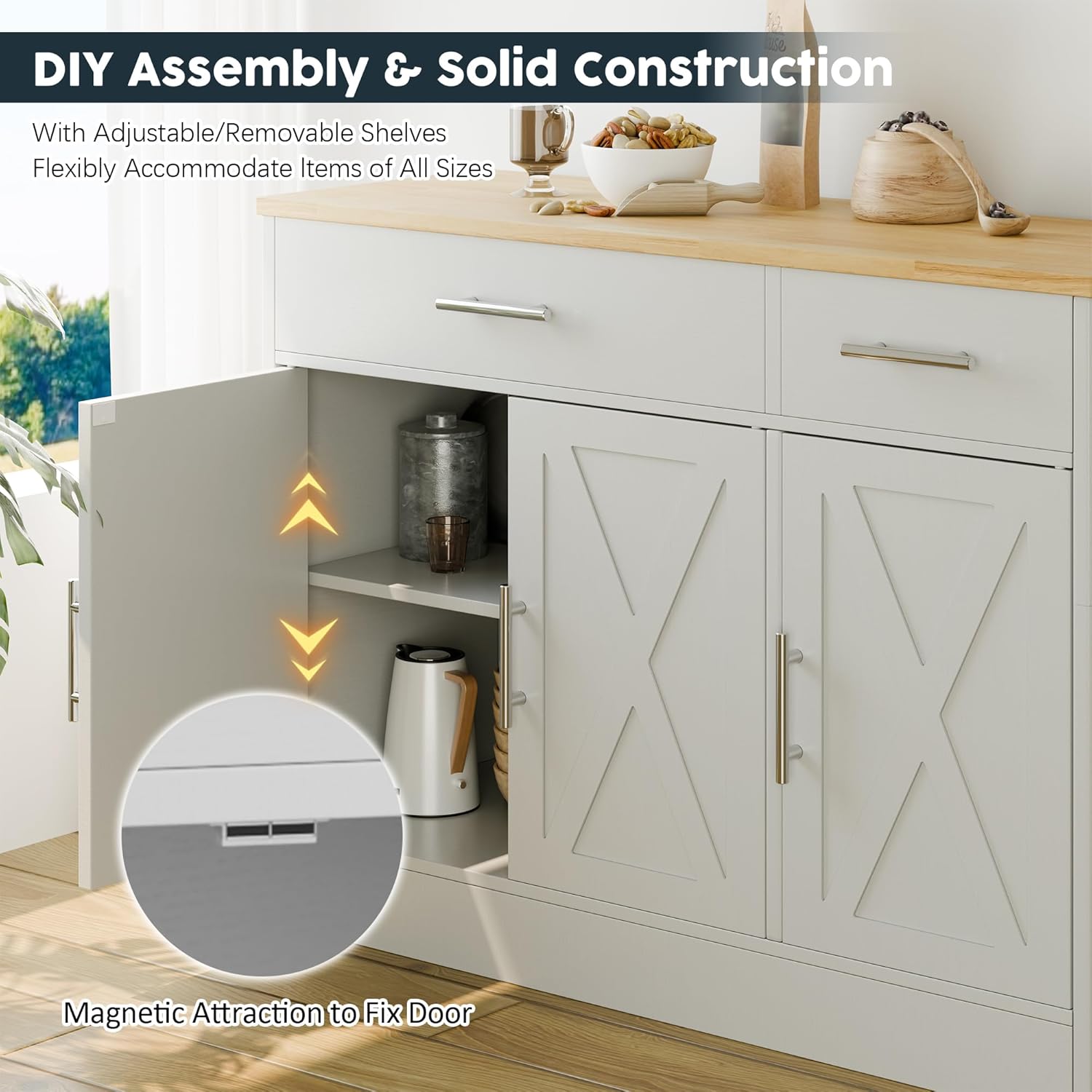 SUNLEI Kitchen Buffet Sideboard Cabinet with Storage, Farmhouse Kitchen Cabinet with 3 Doors and 2 Drawers, Coffee Bar Cabinet with Storage for Living Room, White