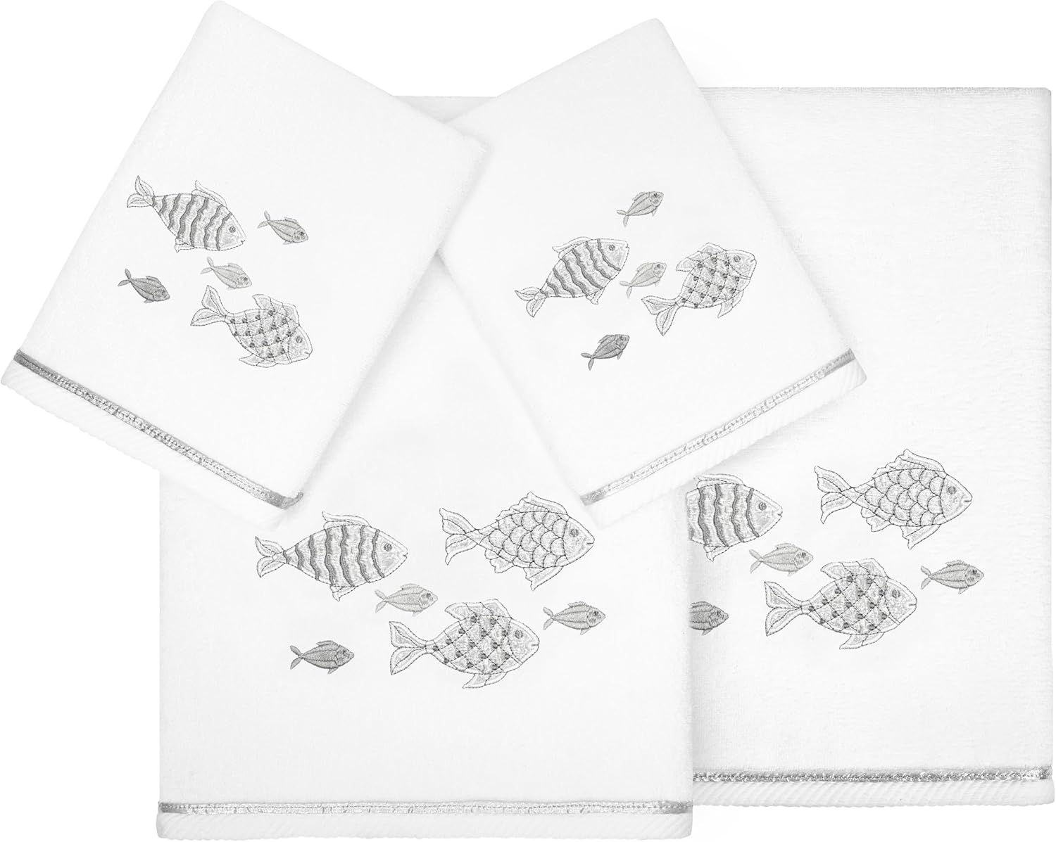 Treasure 4-Piece Premium Towel Set, Sparkling Applique Fish, Ultra Plush Turkish Cotton, Durable, Perfect for Bathroom, 2 Bath 2 Hand Towels, White