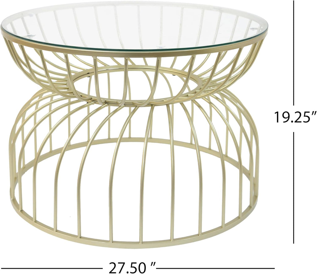 Christopher Knight Home 27.50' Coffee Table, Large End Table, Hourglass Curved Lines Frame, Metal Frame, Clear Tempered Glass Top, Chic Home Decoration, Accent Side Tables for Living Room, Gold