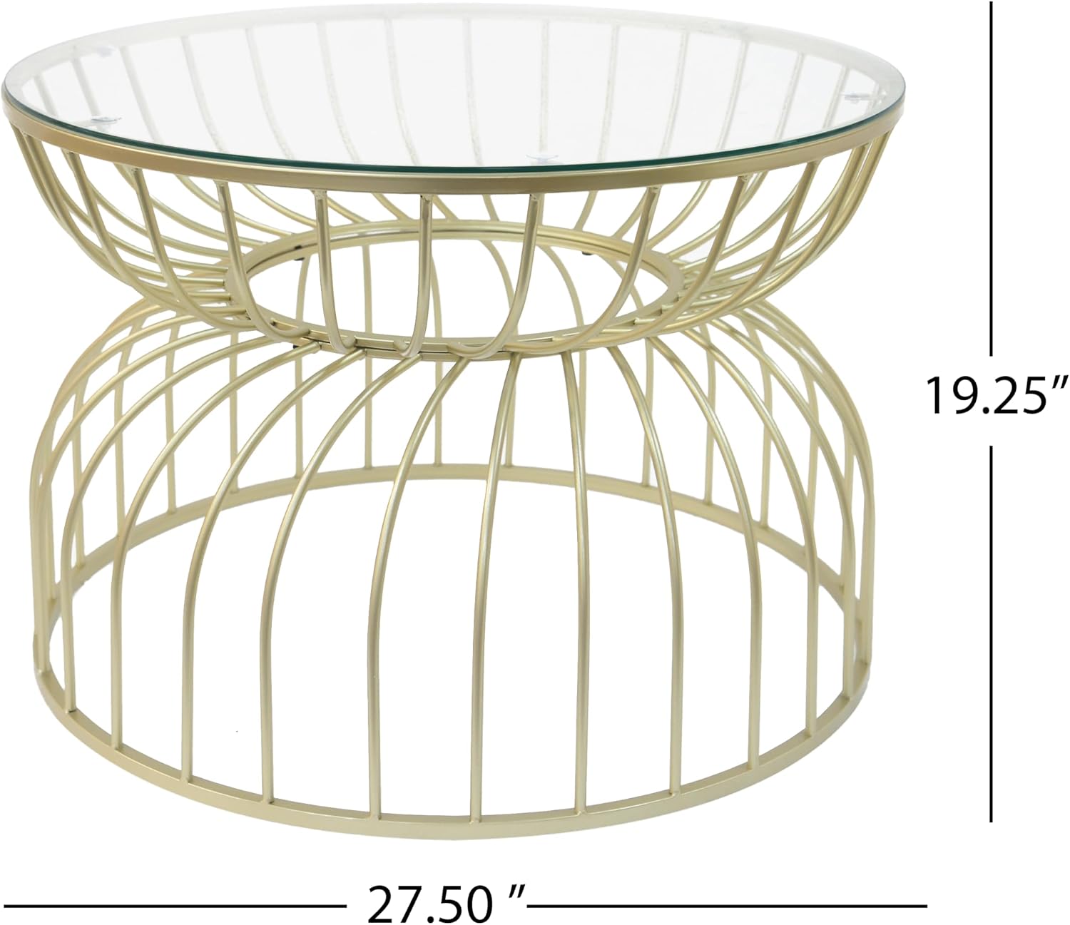 Christopher Knight Home 27.50' Coffee Table, Large End Table, Hourglass Curved Lines Frame, Metal Frame, Clear Tempered Glass Top, Chic Home Decoration, Accent Side Tables for Living Room, Gold