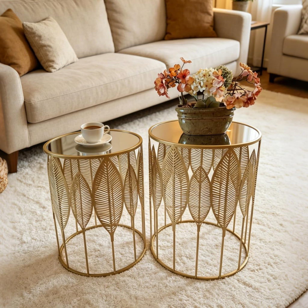 Homebeez Gold Nesting Tables Set of 2, Glam Leaf Design Round End Table with Stainless Steel Top for Living Room & Bedroom, No Assembly Required