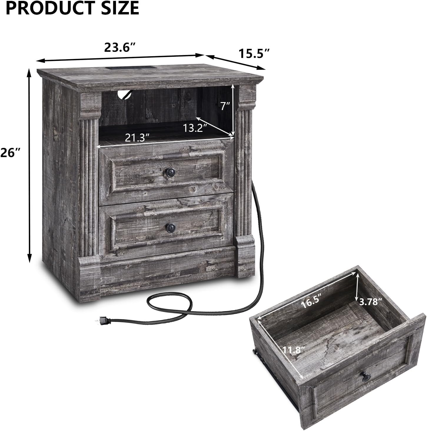 Aitjunz 26' Tall 2 Drawers Dresser for Bedroom, Farmhouse 23.6' Wide Large Nightstand with Charging Station, Wood Rustic Side Table w/Roman Column, End Table for Bedroom, Living Room, Light Grey