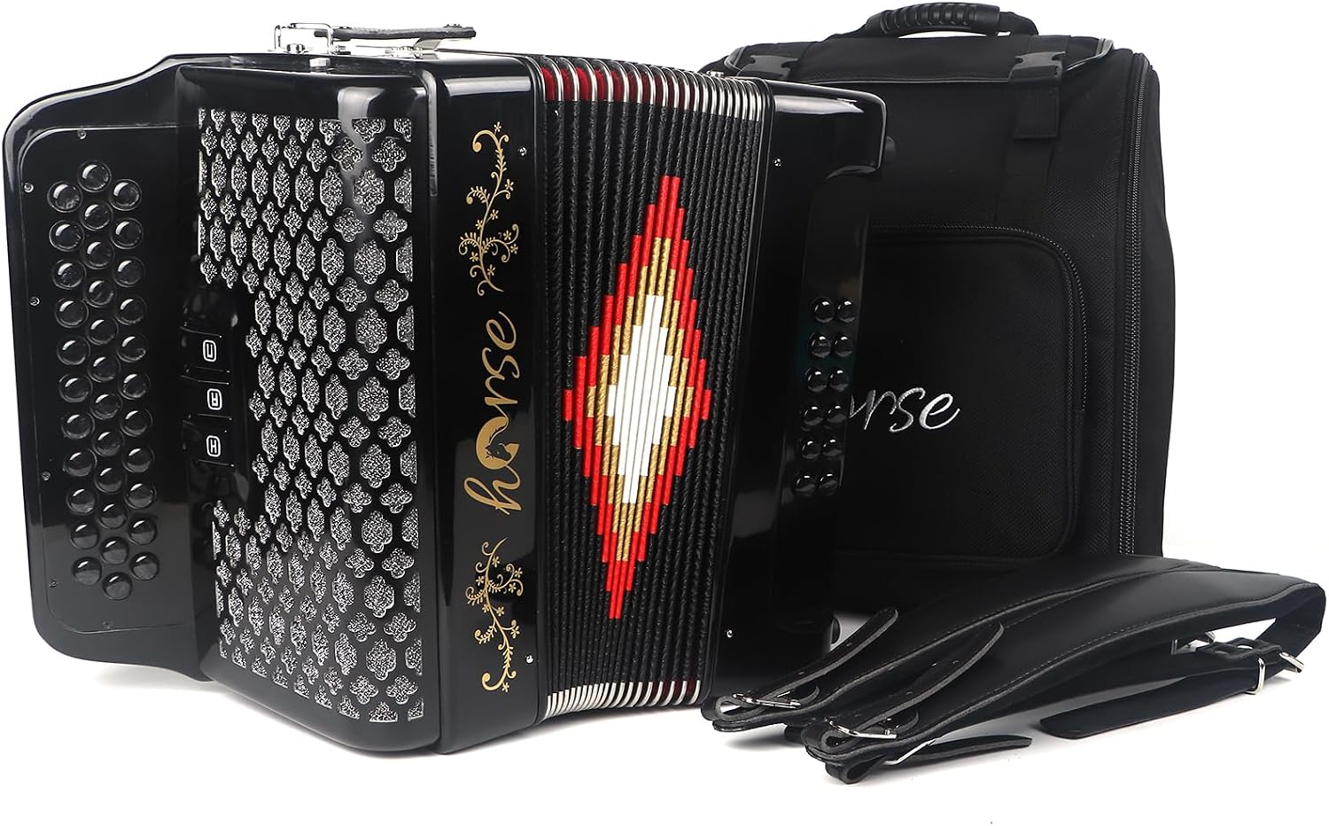 Horse 34 Key Accordion,12 Bass 3-Row G/C/F Diatonic Accordions Instruments for Adults with Luxury Backpack and Straps, 34 Buttons Button Acordeón Acordeones Para Adultos For Beginners to Professionals