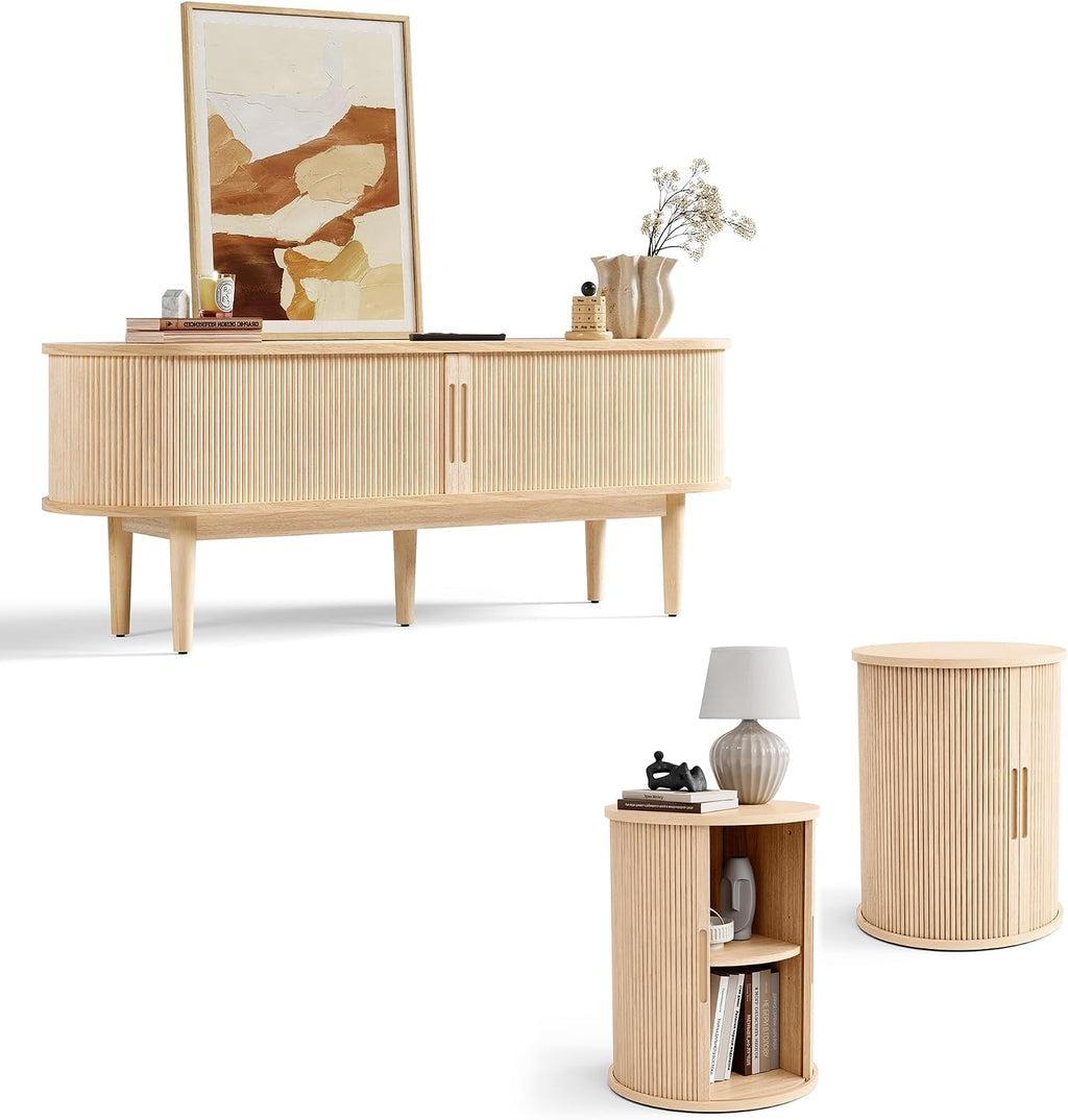 LINSY HOME Fluted Living Room Table Set of 3, Includes Mid Century Modern TV Stand with Storage for Up to 65 inch TV, 58' Entertainment Center, Round TV Side Table, End Table Set of 2, Oak