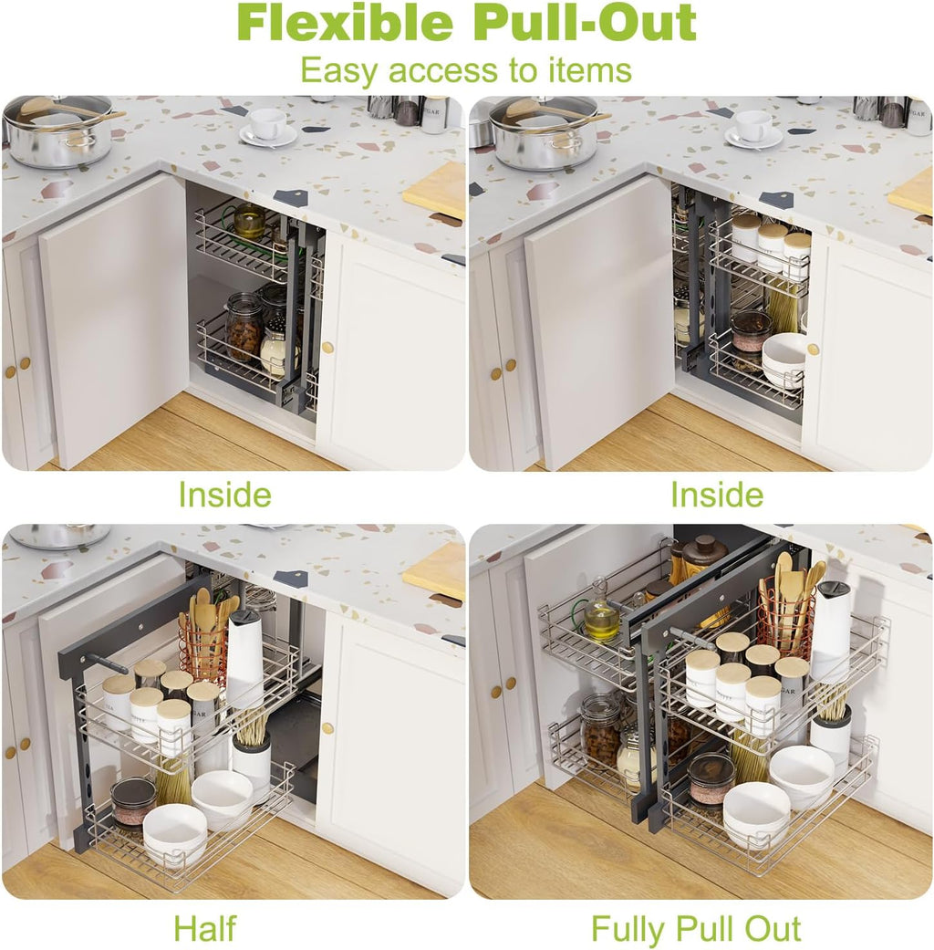 Blind Corner Pull Out Organizer for 32' Cabinet Left Open & Right Open Compatible 2 Tier 4 Shelves Adjustable Height