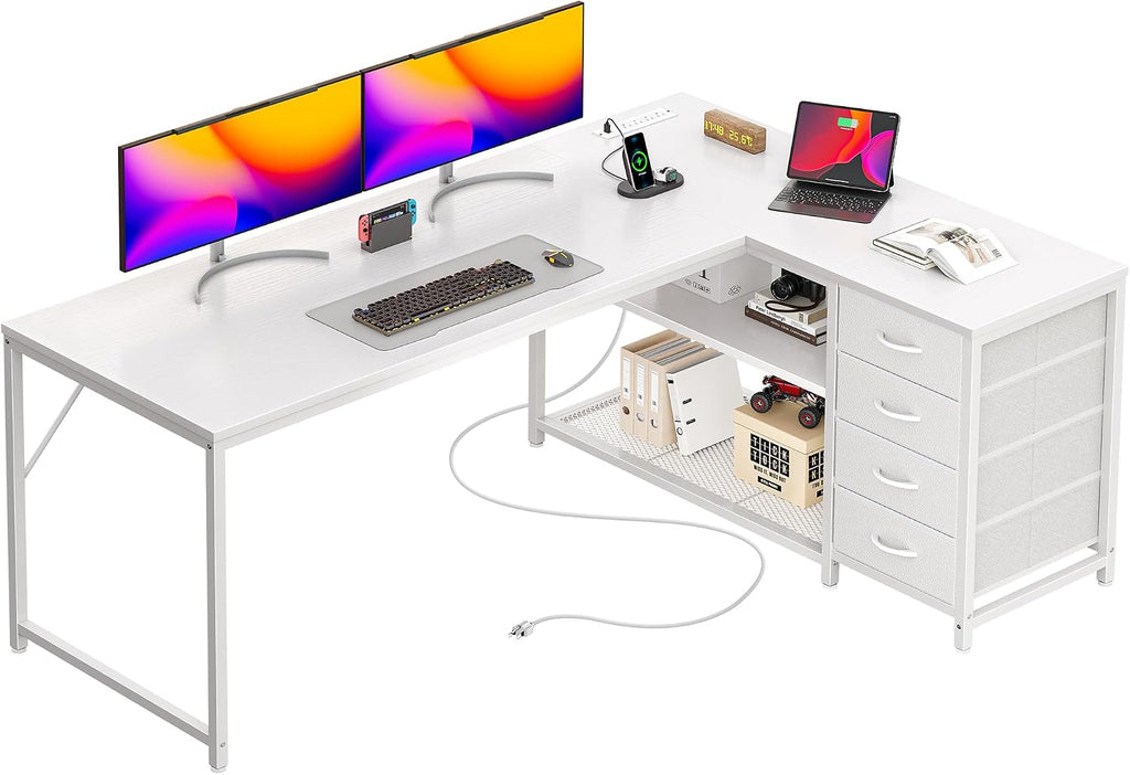 PRAISUN 53' L Shaped Desk with Power Outlets & USB-C Port, Reversible Computer Corner Office Desk with 4 Fabric Drawers and 2 Storage Shelves, Large Desk for Gaming Writing Work Study, White