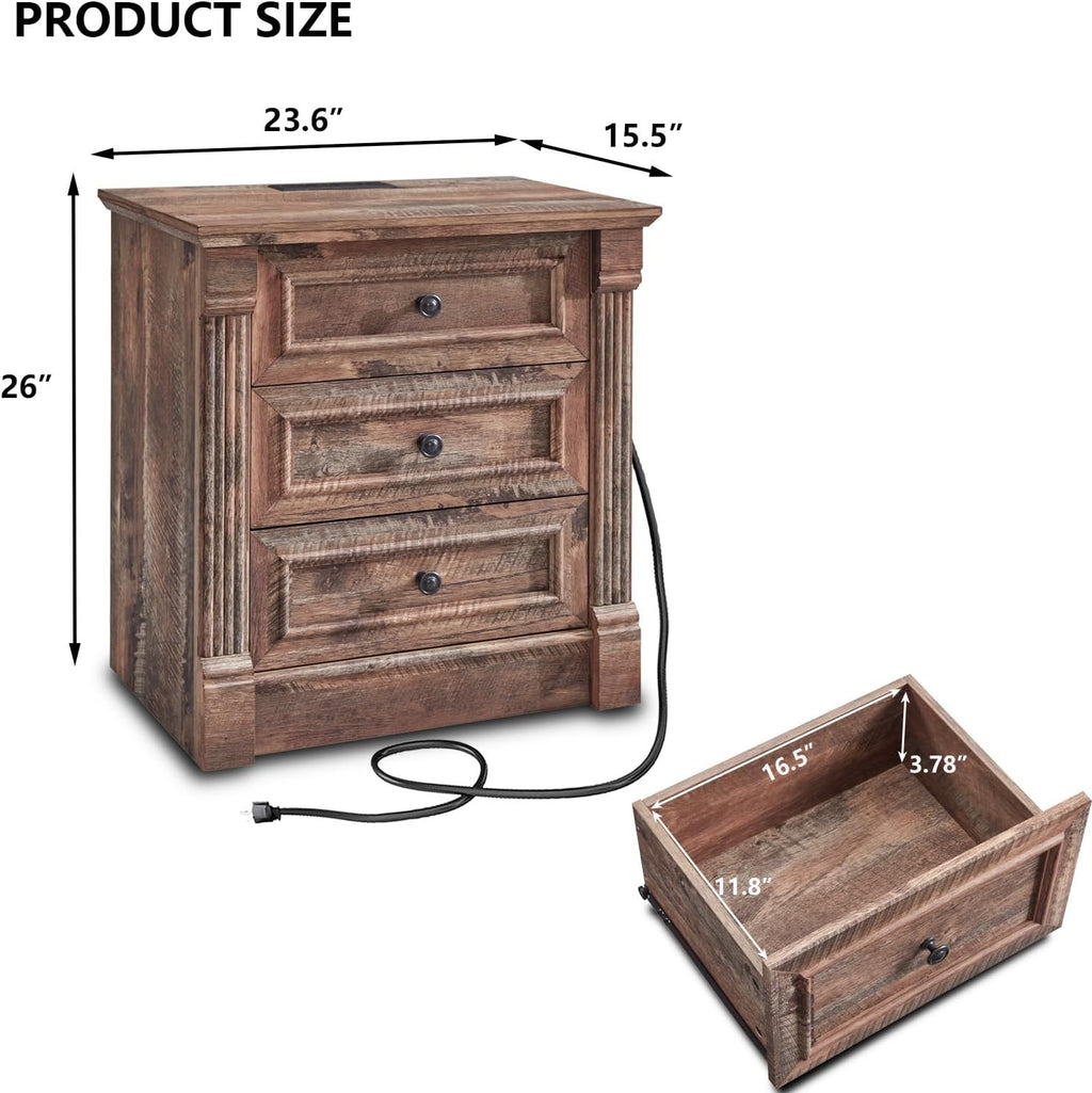 Aitjunz 26' Tall Nightstand with Charging Station, Farmhouse 23.6' Wide Large End Table w/Roman Column, Wood Rustic Side Table w/Metal Handle, 3 Drawers Dresser for Bedroom, Living Room, Light Brown
