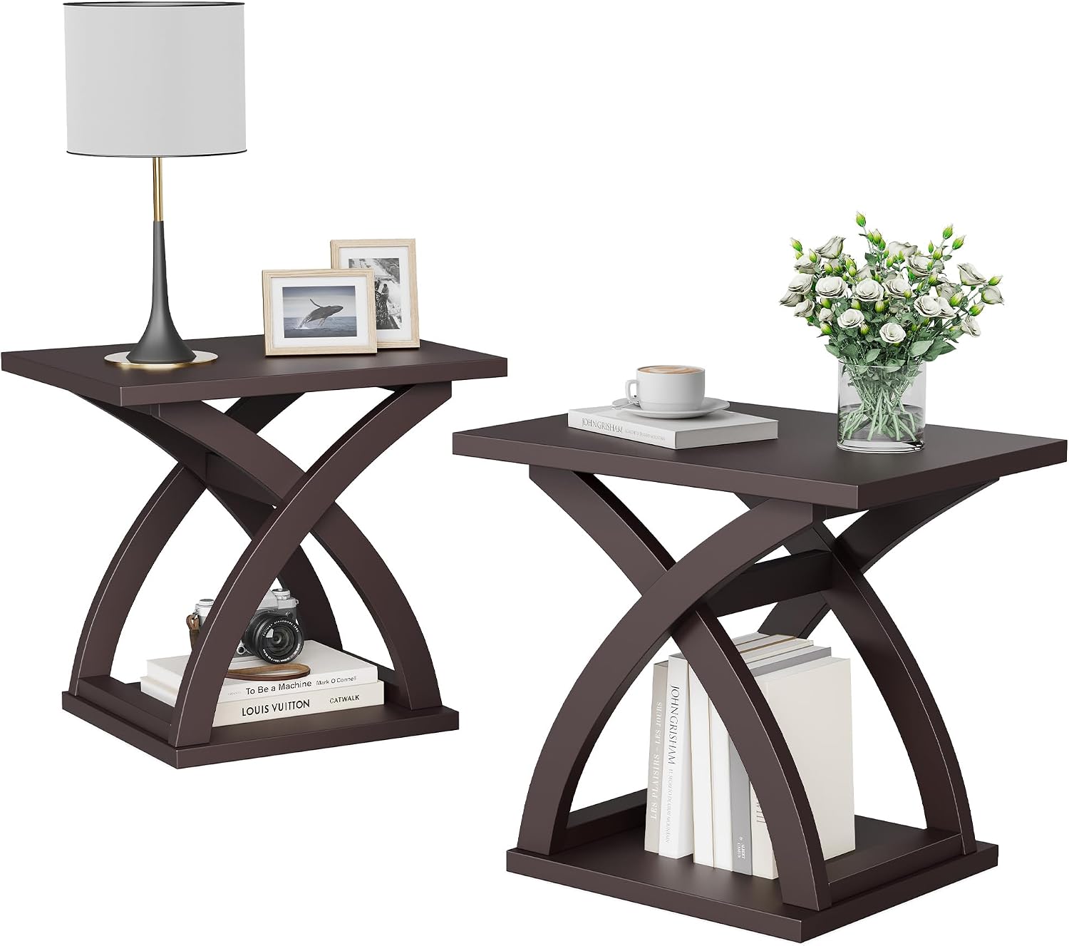ChooChoo End Side Table Set of 2, Modern End Table with Storage Shelf, X-Design Side Table Living Room (Espresso)