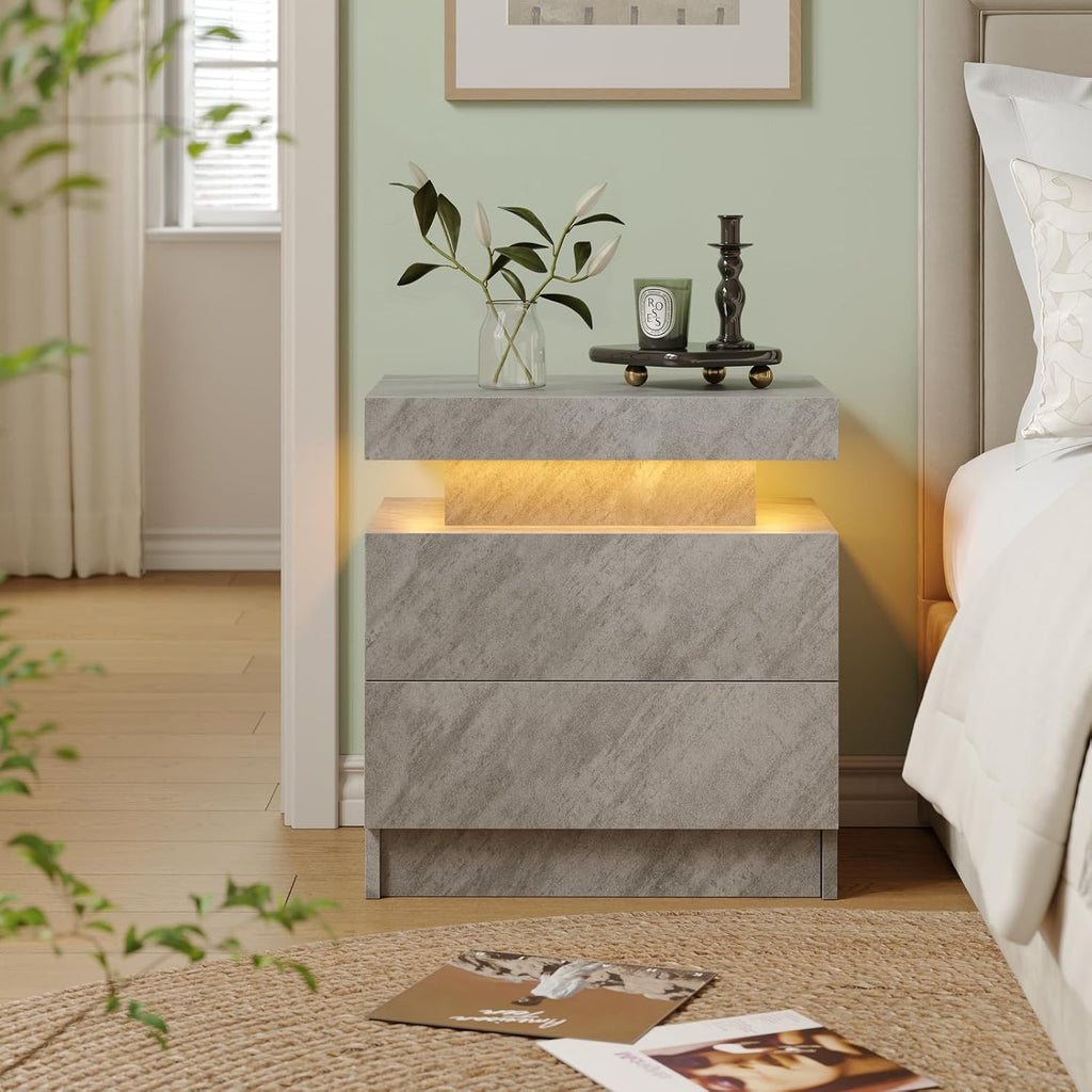 Cubehom Nightstands Set of 2, Bedside Tables with LED Lights, Night Stands with 2 Wood Drawers, End Tables Set of 2 for Living Room/Bedroom