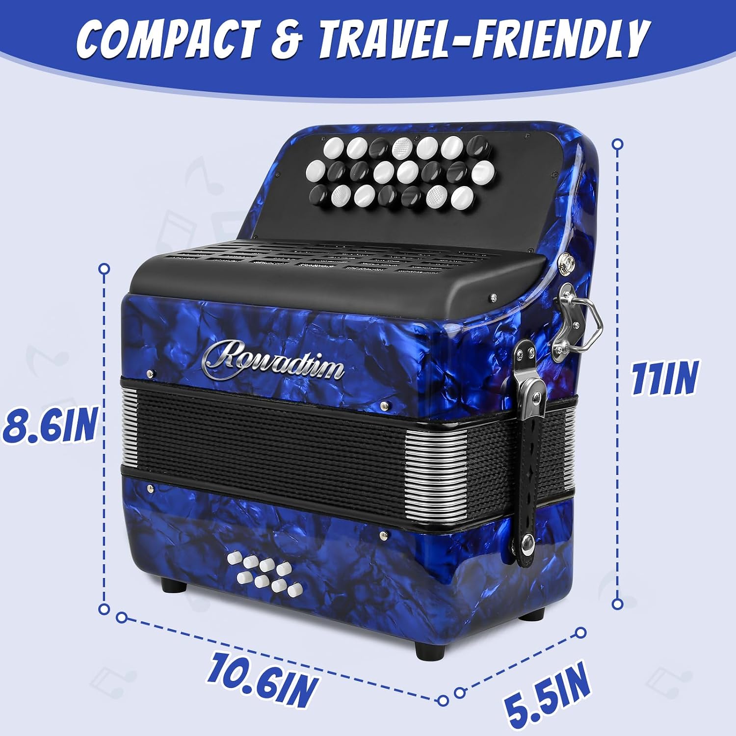 Accordions,22 keys Accordion,8 Bass Student Piano accordions Suitable for beginners and students Lightweight and portable, comes with a backpack and adjustable straps (8 Bass, Blue)