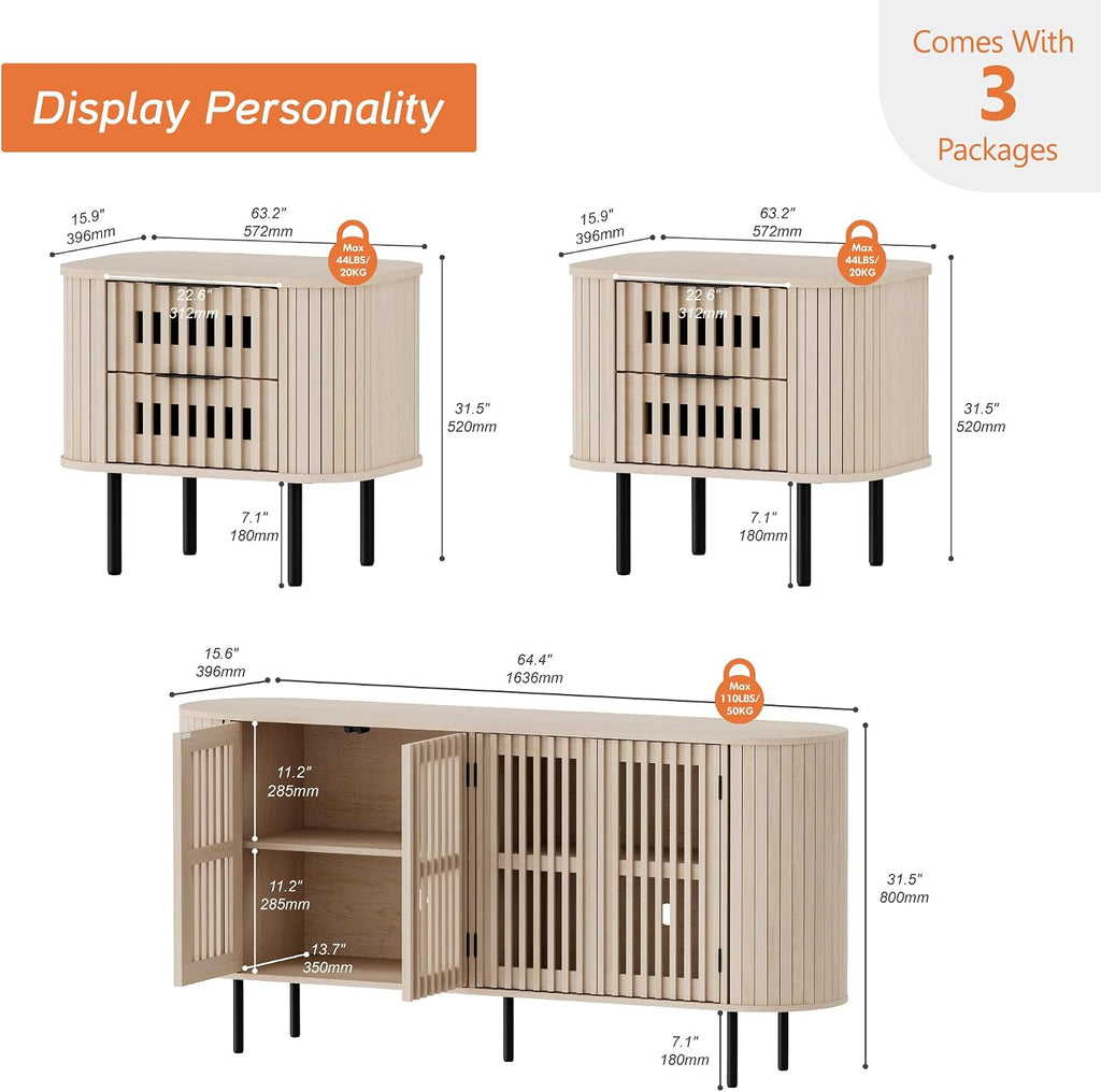 WAMPAT 3 Pieces Entertainment Center for Living Room, Mid Century Modern TV Stand and 2 End Tables for 75 inch TVs, Wood Media TV Console with Storage, Simple Assembly, Natural