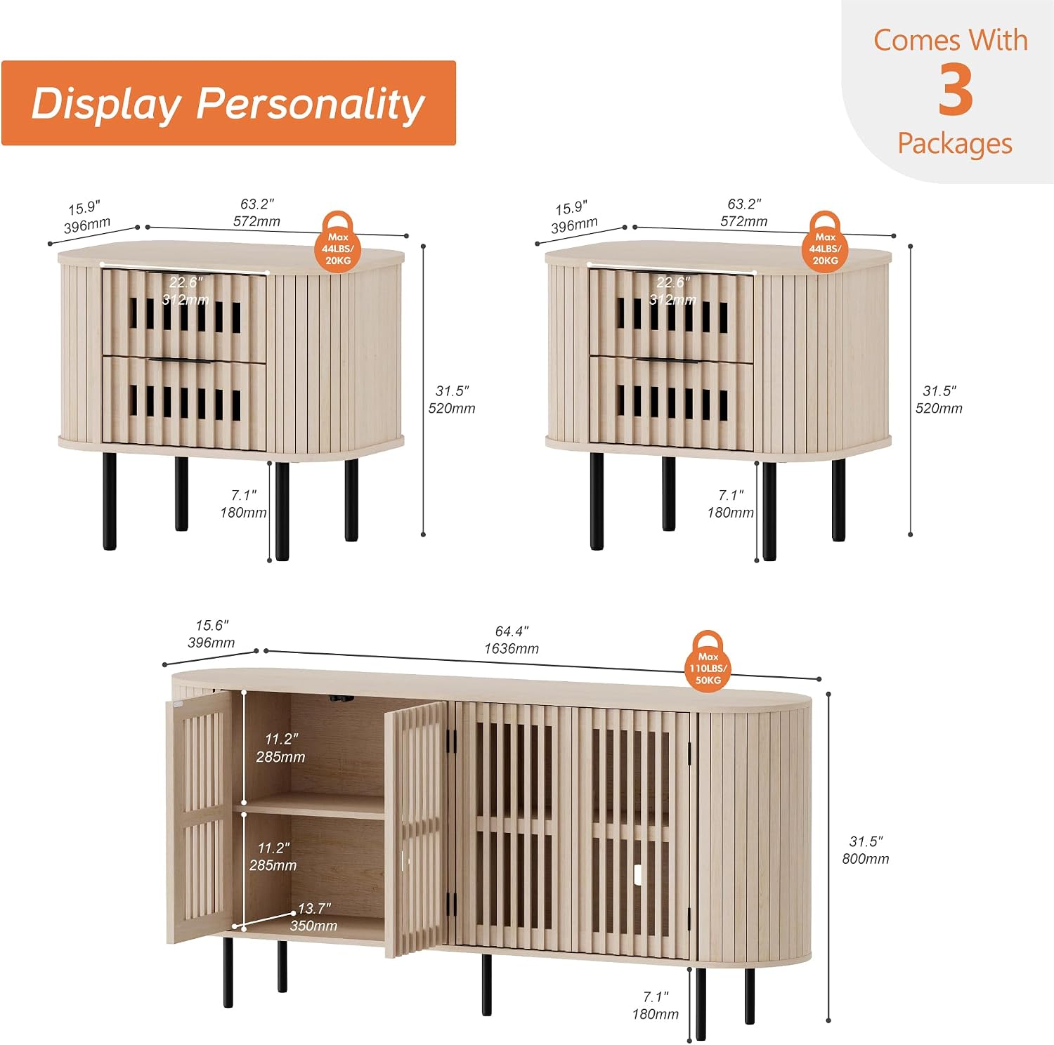 WAMPAT 3 Pieces Entertainment Center for Living Room, Mid Century Modern TV Stand and 2 End Tables for 75 inch TVs, Wood Media TV Console with Storage, Simple Assembly, Natural