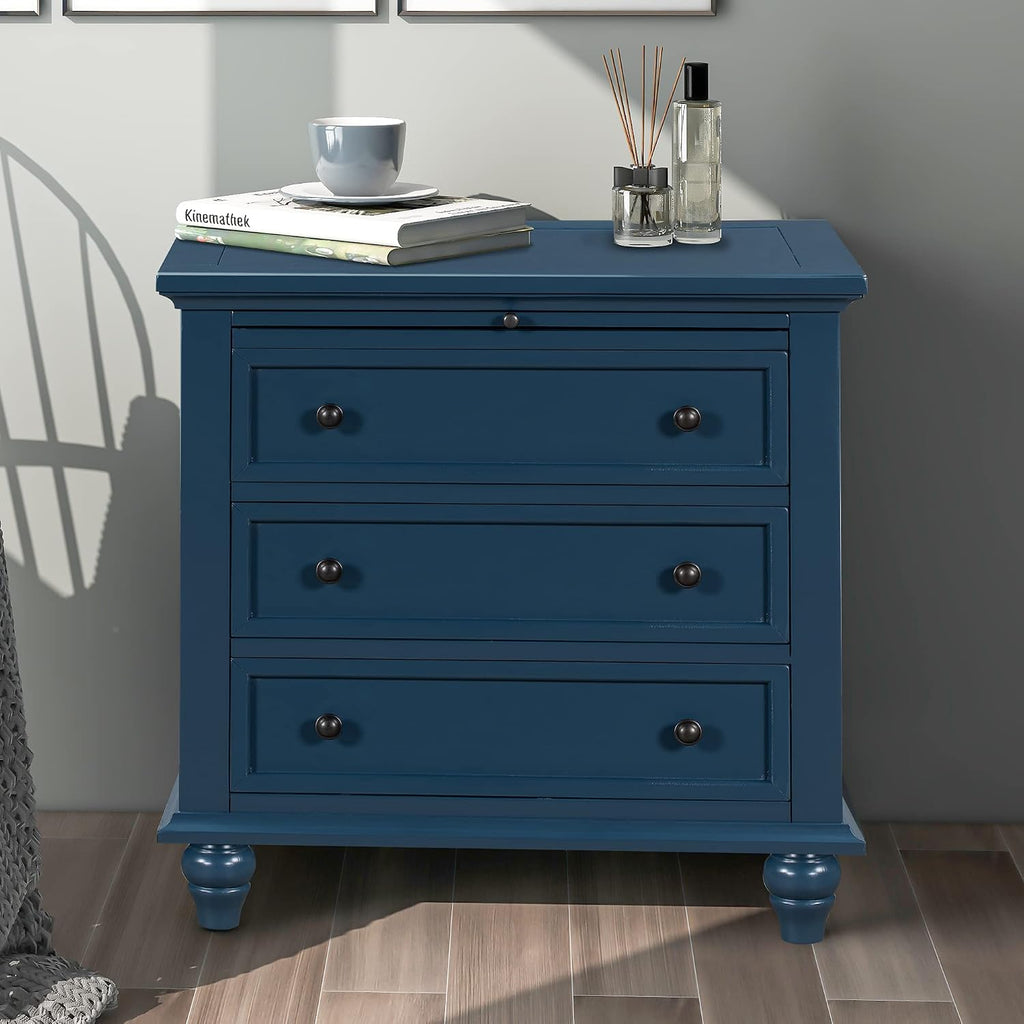 Farmhouse Wood Nightstand with 3 Storage Drawers, Bedside Table End Table with Pull Out Tray, Modern Wooden Side Table Dresser for Bedroom Hallway Living Room (Blue)
