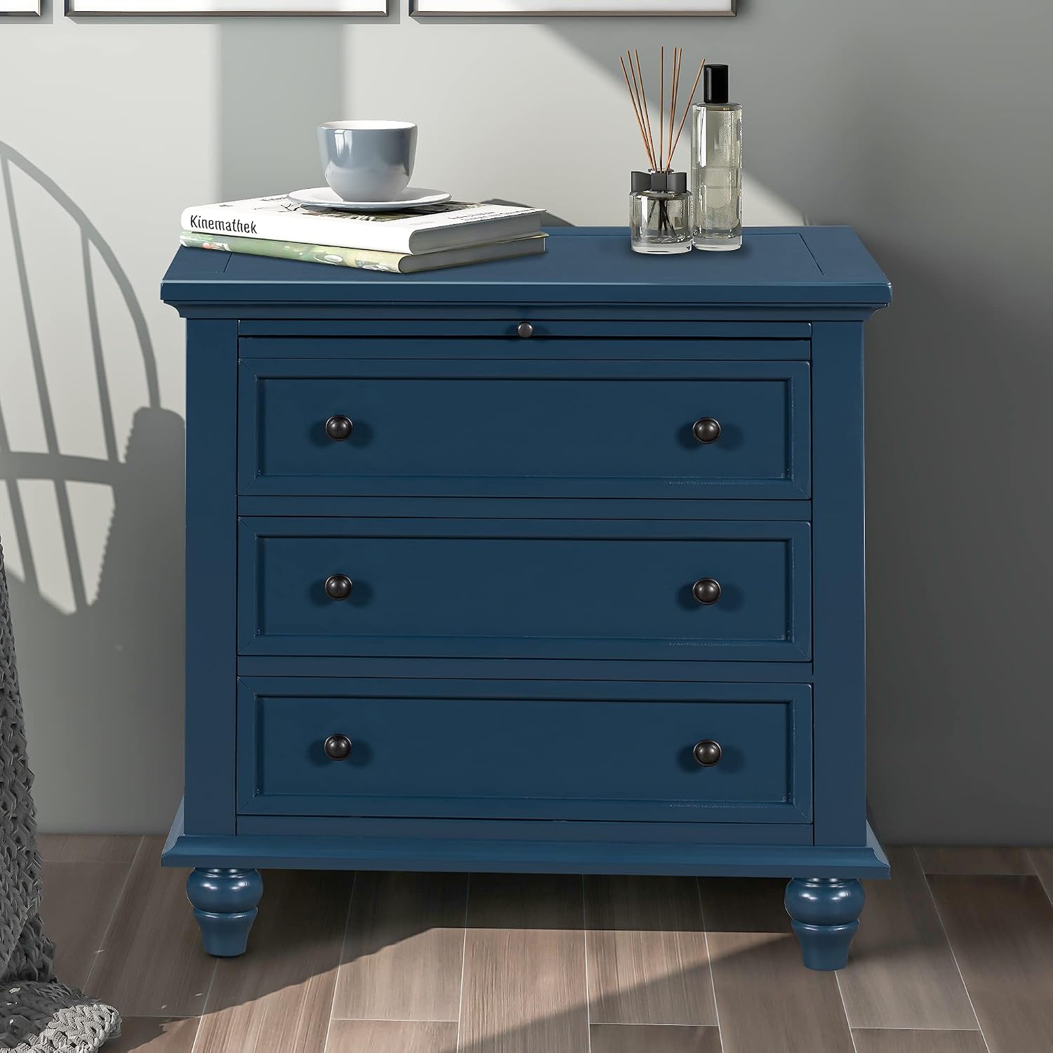 Farmhouse Wood Nightstand with 3 Storage Drawers, Bedside Table End Table with Pull Out Tray, Modern Wooden Side Table Dresser for Bedroom Hallway Living Room (Blue)