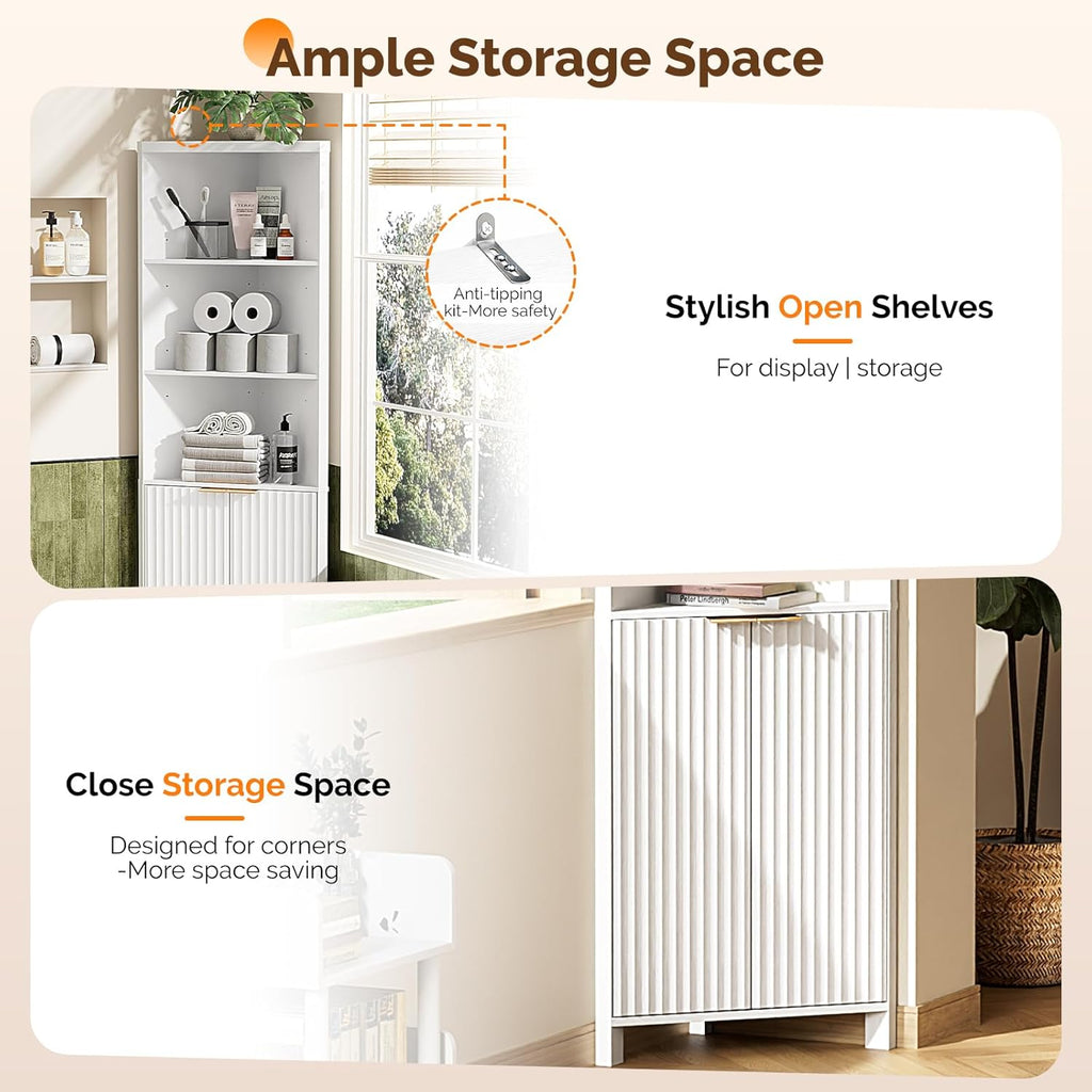 VINGLI Tall Corner Cabinet with Fluted Doors, 68' White Corner Storage Cabinet with Adjustable Shelves, Freestanding Wood Corner Bookshelf for Bathroom, Living Room & Kitchen, Space-Saving