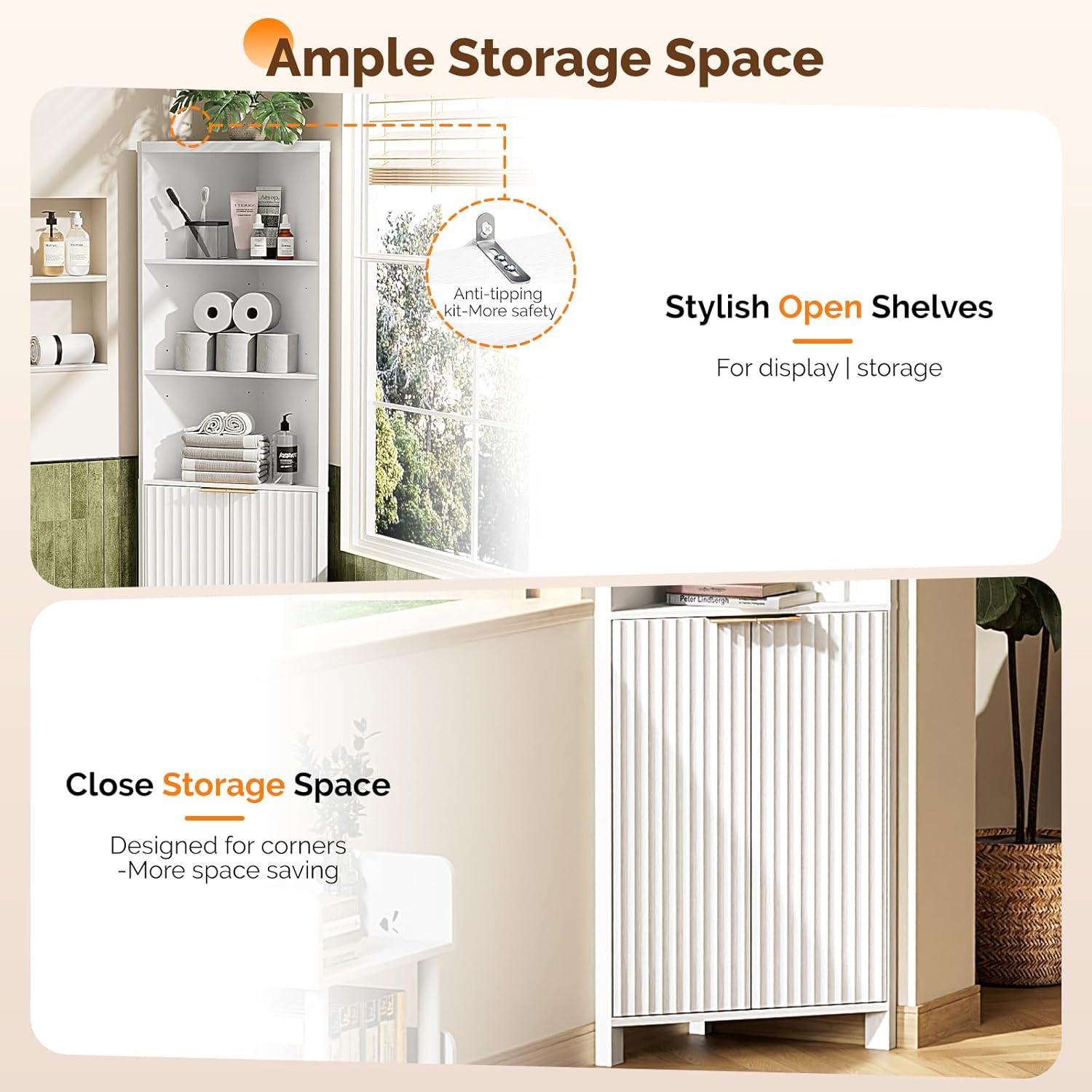 VINGLI Tall Corner Cabinet with Fluted Doors, 68' White Corner Storage Cabinet with Adjustable Shelves, Freestanding Wood Corner Bookshelf for Bathroom, Living Room & Kitchen, Space-Saving