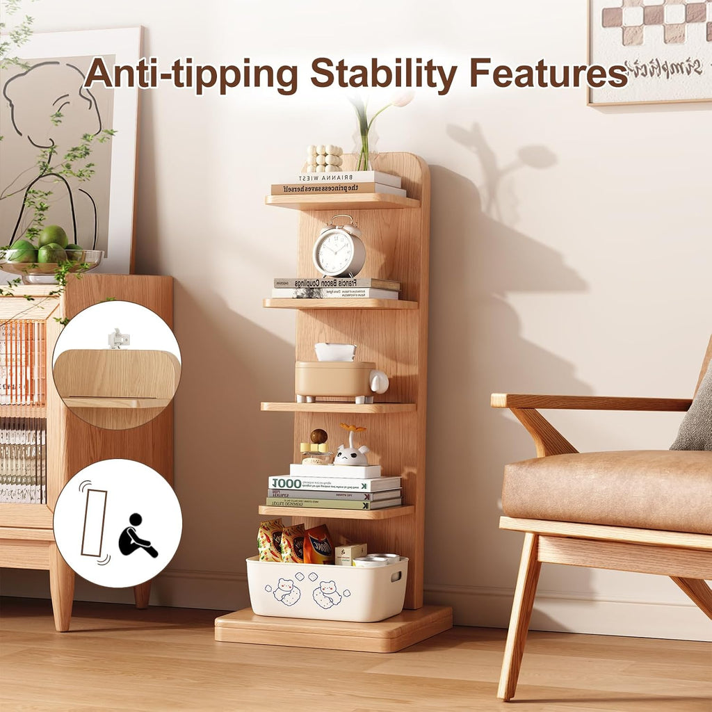WoodsWhisper Solid Wood 5-Tier Narrow Bookshelf Small Spaces Open Storage | Solid Wood | Narrow Design | 5 Tier Storage | Anti-Tip | Easy Assembly