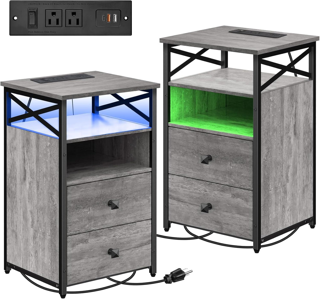 Livofloral Nightstands Set 2 with Charging Station, LED Nightstand with Wood Drawers, End Tables Living Room Set 2 with Storage, Farmhouse End Table Set of 2, Bedside Table for Bedroom, Grey