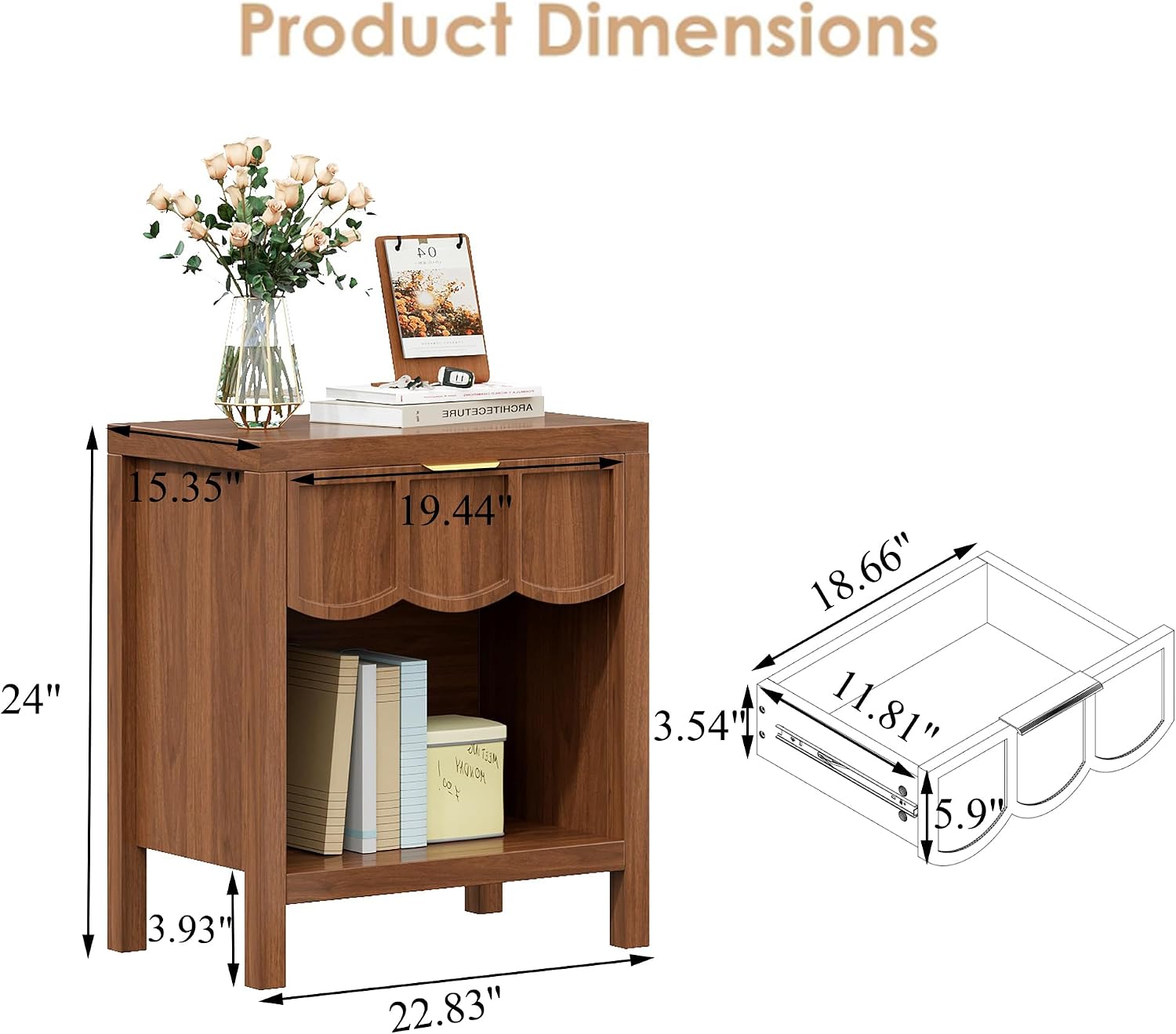 24' Nightstand Set of 2, Solid Wood End Table with Wave Panel Drawer, Mid Century Modern Chest of Drawers, Wooden Side Table Bedside Table for Bedroom, Living Room, Small Space, Walnut