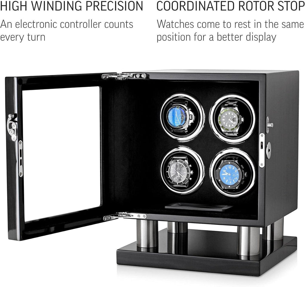 Watch Winder for 4 Watches with LED Backlight, LCD Display and Motor-Stop Option (Black & Grey)