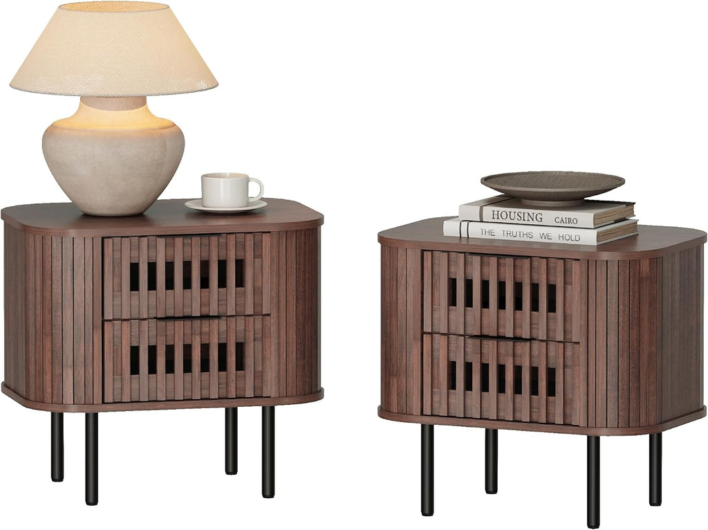 WAMPAT Set of 2 Fluted Nightstands, Modern Wooden End Tables with Drawer, Storage Bedside Table for Bedroom and Living Room