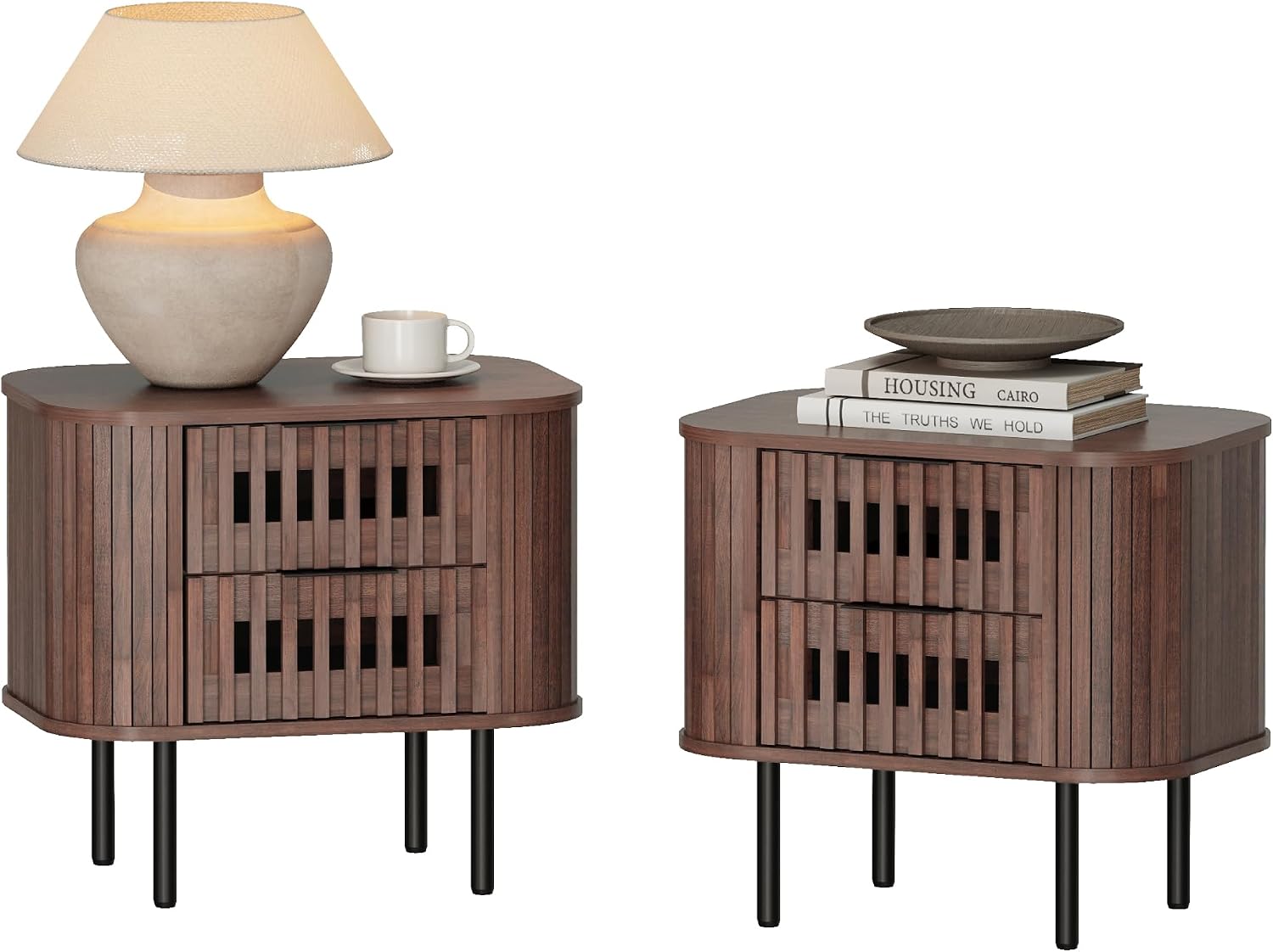 WAMPAT Set of 2 Fluted Nightstands, Modern Wooden End Tables with Drawer, Storage Bedside Table for Bedroom and Living Room