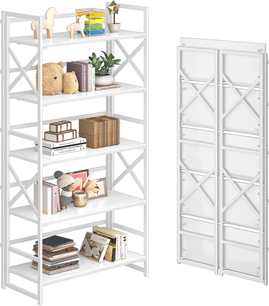 4NM 5 Tiers No Assembly Book Shelves, 51.2' H Folding Bookshelf Bookcase Open Industrial Foldable Shelves for Bedroom, Living Room, Home Office - All White
