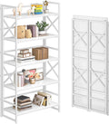 4NM 5 Tiers No Assembly Book Shelves, 51.2' H Folding Bookshelf Bookcase Open Industrial Foldable Shelves for Bedroom, Living Room, Home Office - All White
