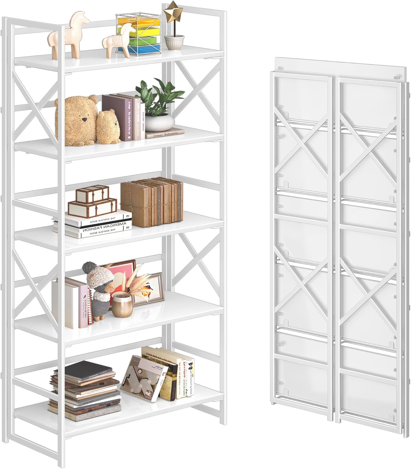 4NM 5 Tiers No Assembly Book Shelves, 51.2' H Folding Bookshelf Bookcase Open Industrial Foldable Shelves for Bedroom, Living Room, Home Office - All White