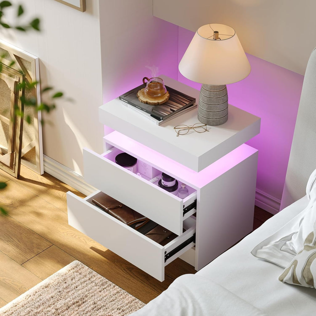 Cubehom Nightstands Set of 2, Bedside Tables with LED Lights, Night Stands with 2 Wood Drawers, End Tables Set of 2 for Living Room/Bedroom