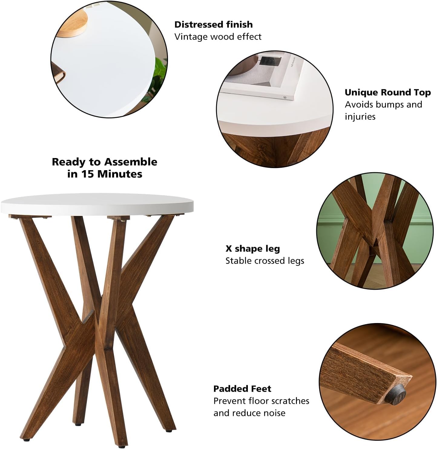 Ahokua Farmhouse Round End Table Set of 2 with MDF Top and Crossed Legs, Boho Small Side Table for Living Room, Balcony, Small Spaces, Easy Assembly Bedside Table