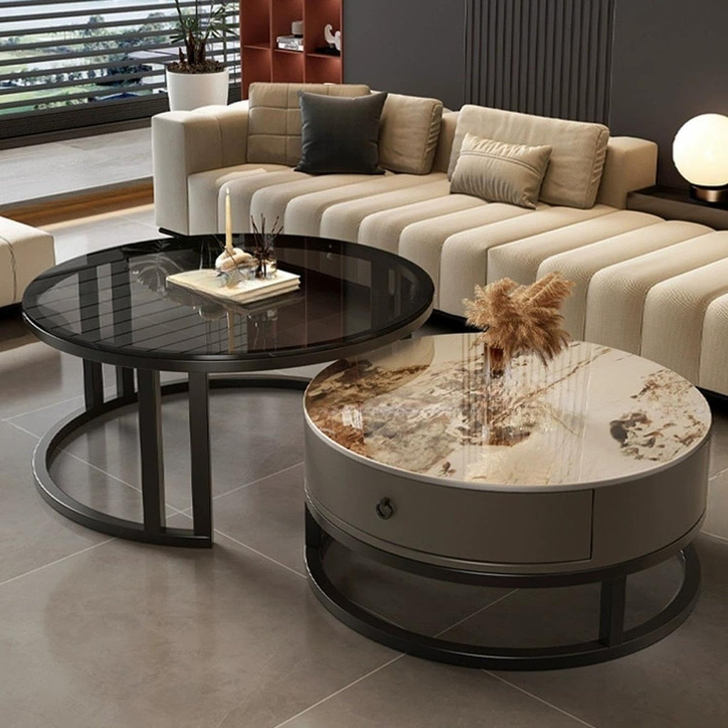 LITFAD 2-Piece Nesting Coffee Tables Steel Frame Round Slate Top Living Room Table Modern Central Table with Storage Drawer for Living Room, Office, Cafe - 27.5'L + 19.5'L Black/ Grey - Clear/ Pandora