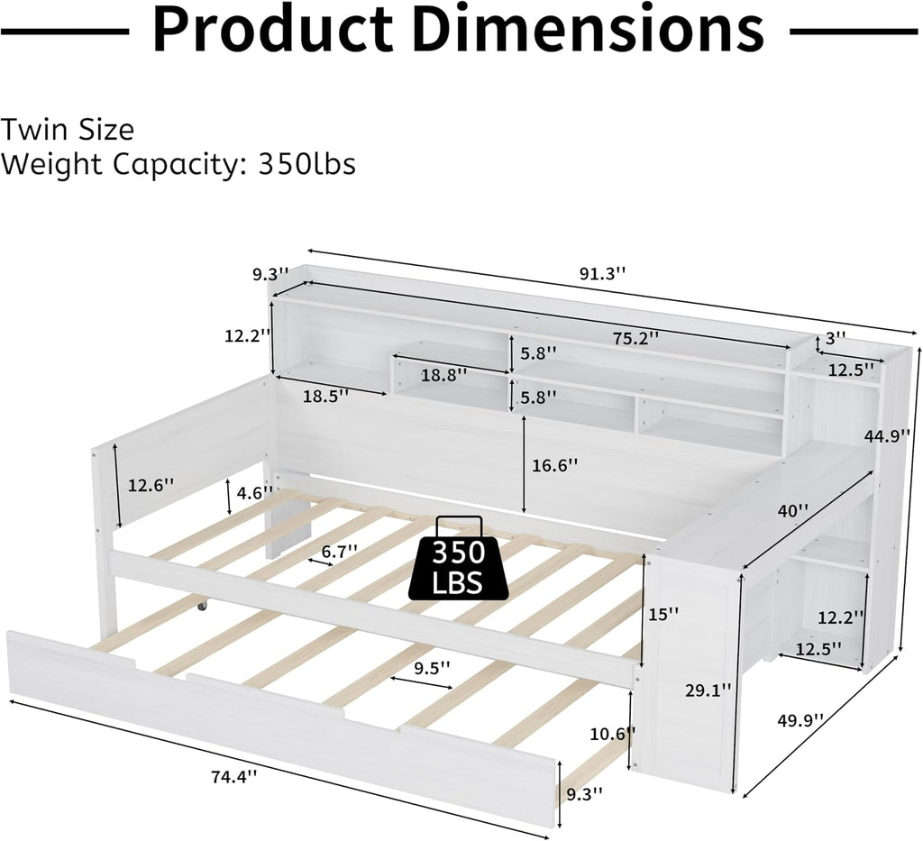 Wood Twin Size Corner Day Bed with Twin Trundle and Desk,L Shape Corner Daybed Frame with Storage Shelves and Wood Slat Support for Kids Teens Bedroom Guest Room,No Box Spring Needed,Antique White