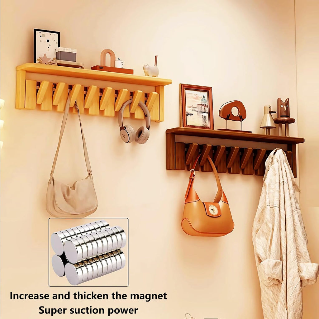 Wall Mounted Piano Key Hanger | Flip Style Hook | Entrance Wall Art Hook, Made of Oak Wood (3 Times Painted, 4 Times Polished) (Tray Walnut, 8Hooks)