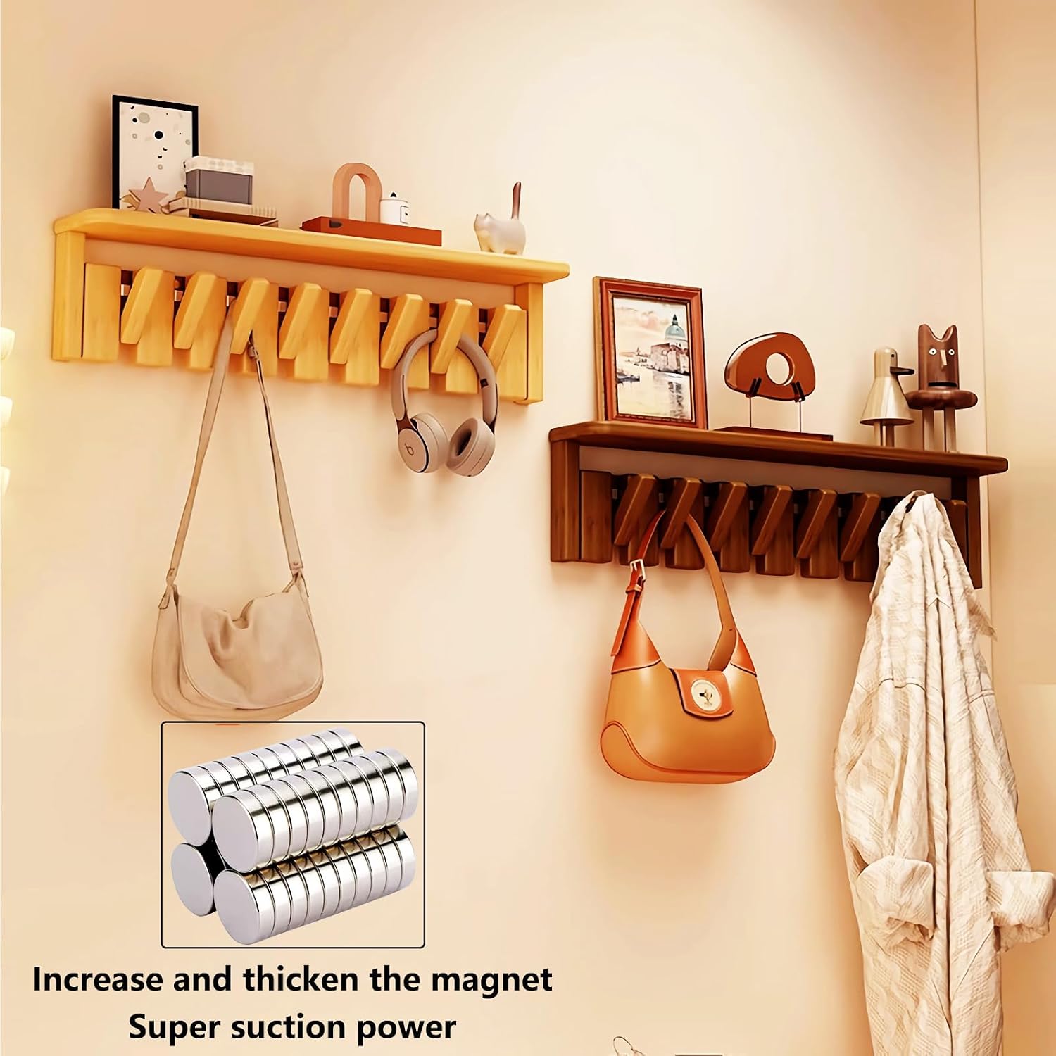 Wall Mounted Piano Key Hanger | Flip Style Hook | Entrance Wall Art Hook, Made of Oak Wood (3 Times Painted, 4 Times Polished) (Tray Walnut, 8Hooks)