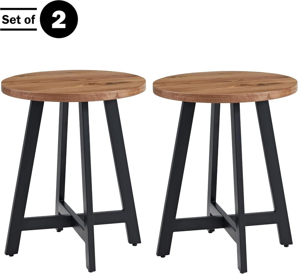 Alaterre Furniture End Table Set - Set of 2 Round Side Tables with MDF Tops and Metal Frames - for Living Room, Bedroom, or Dorm Room (Walnut)