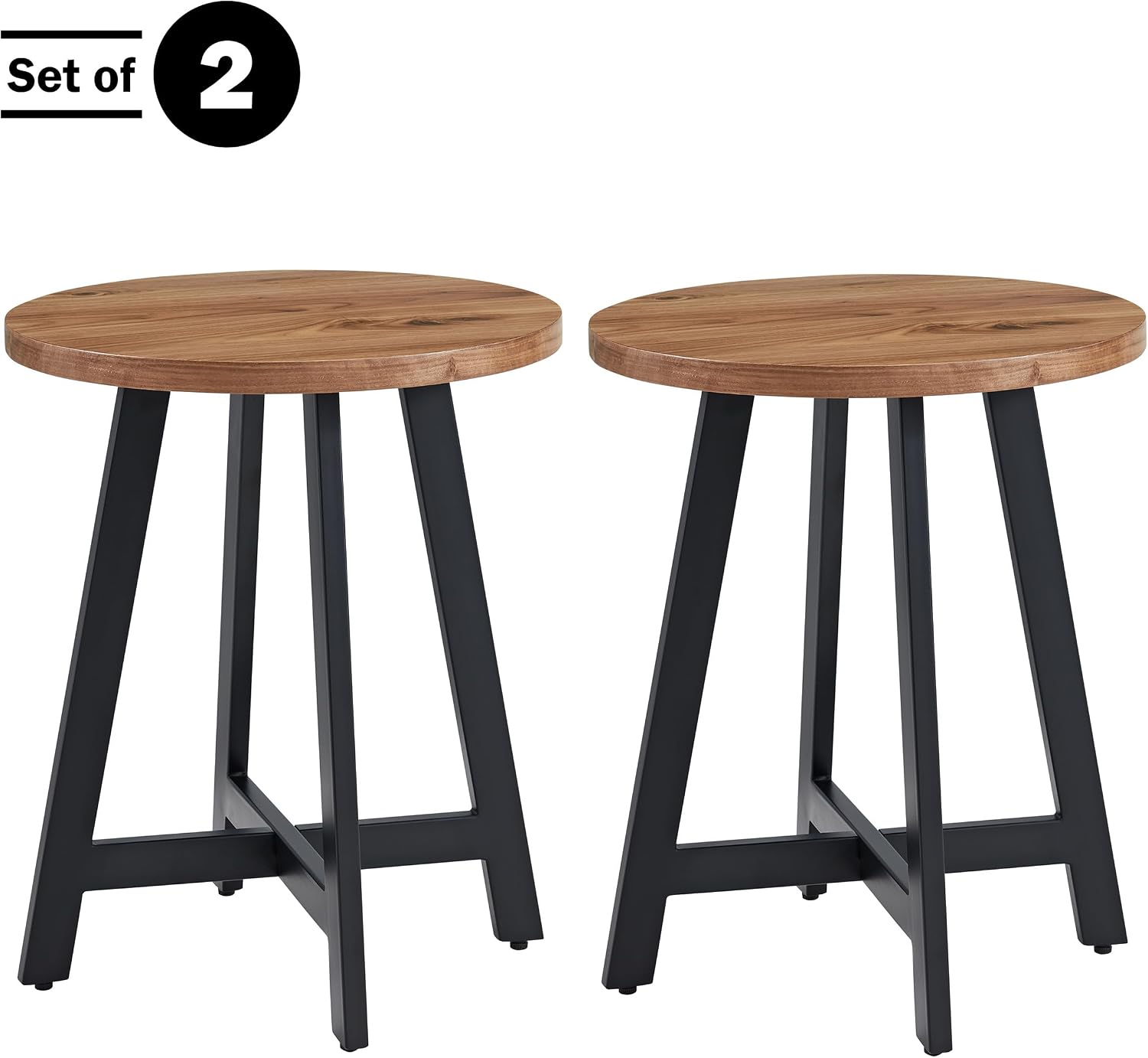 Alaterre Furniture End Table Set - Set of 2 Round Side Tables with MDF Tops and Metal Frames - for Living Room, Bedroom, or Dorm Room (Walnut)