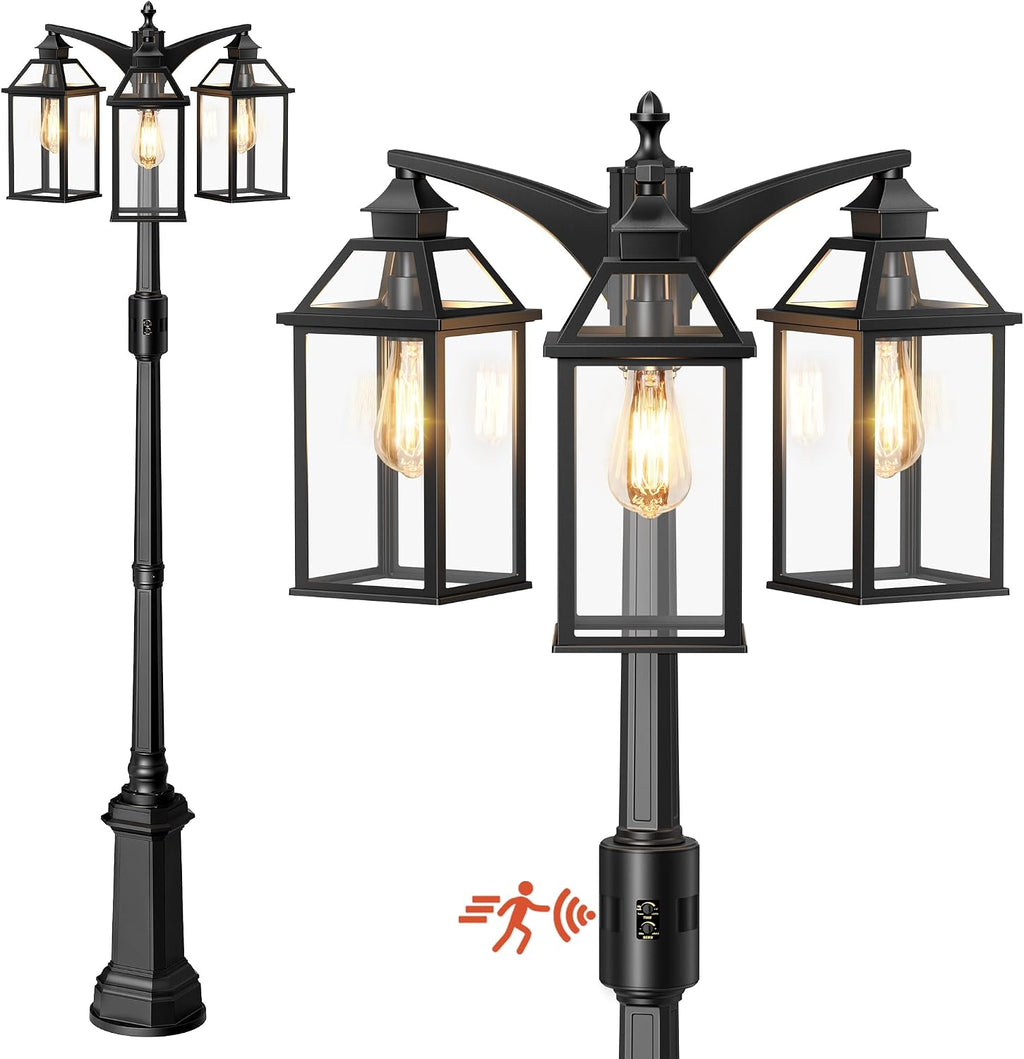 Outdoor Lamp Post Motion Sensor, Dusk to Dawn Pole Lights 3-Head, Classic Black 360°Detection Waterproof Anti-Rust Aluminum Street Lighting for Yard Backyard Patio Driveway