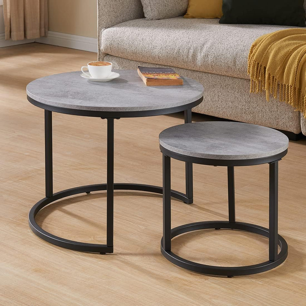 CENSI Round Nesting Coffee Table Set of 2, 24' Industrial Grey Faux Concrete Top, Modern Stacking Side End Tables with Black Metal Frame for Living Room, Small Spaces, Sturdy & Easy Assembly