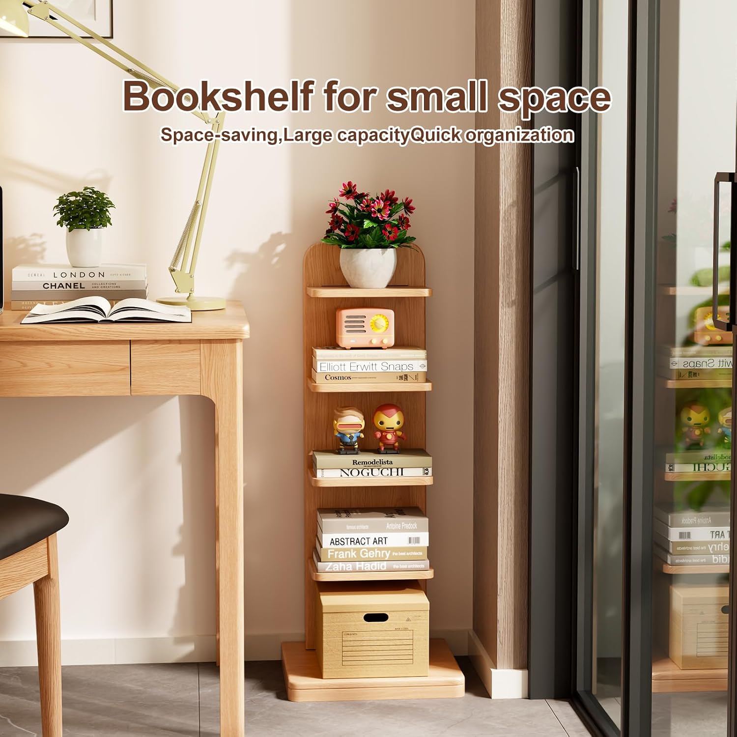 WoodsWhisper Solid Wood 5-Tier Narrow Bookshelf Small Spaces Open Storage | Solid Wood | Narrow Design | 5 Tier Storage | Anti-Tip | Easy Assembly
