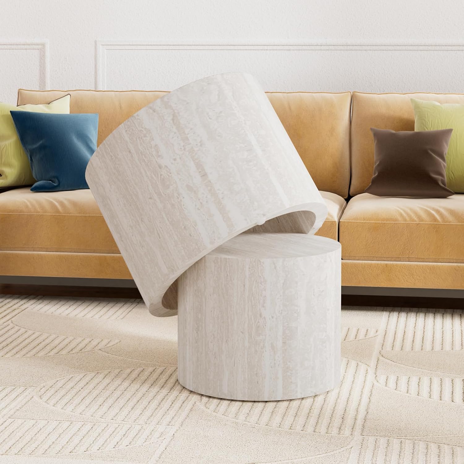 WXFKLDJ Round Nesting Coffee Table Set Cylindrical Wooden Coffee Table Sofa Center Table Circle Embossed Design Side Table for Living Room Apartment No Assembly (Marble)