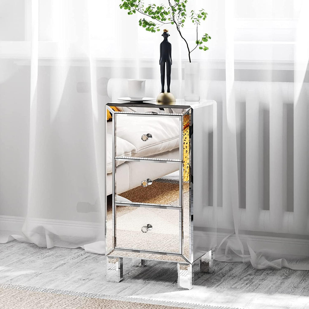 Bonnlo 3-Drawer Mirrored Nightstand Set of 2, End Table, Bedside Table, Glass Nightstand for Bedroom, Living Room, Silver, 11.7' L x 11.8' W x 23.8' H