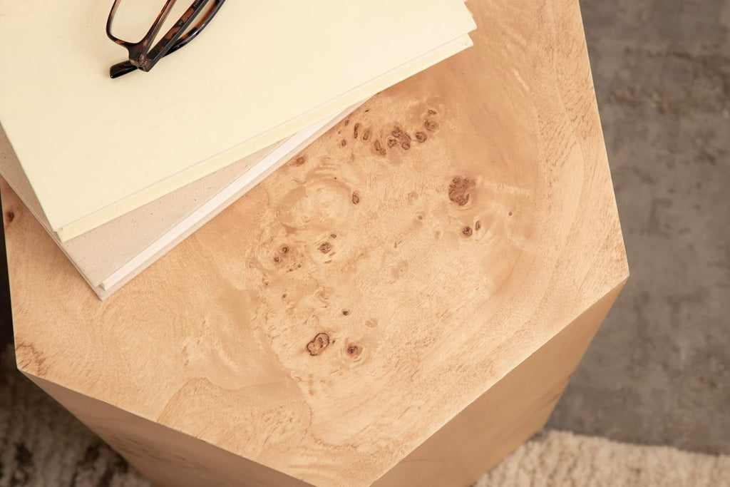 Kate and Laurel Berkett Hexagon Burlwood Side Table, 14 x 12 x 19, Natural Wood, Transitional End Table for Use as Burlwood Nightstand, Living Room Pedestal Table, or Dorm Room Vanity Stool