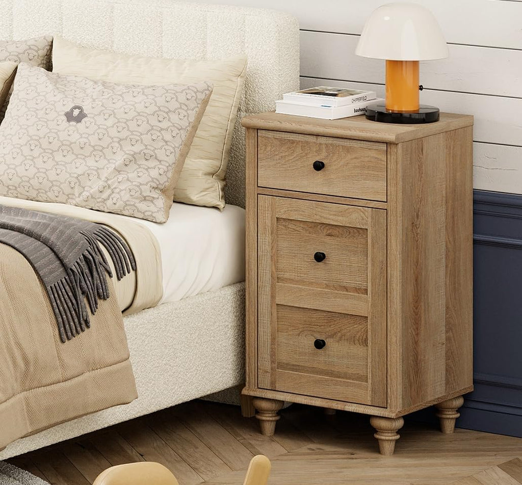 WAMPAT Set of 2 End Table with Charging Station & Power Outlets & USB Ports, Farmhouse Side End Table with Drawer and Storage Cabinet for Bedroom, Oak