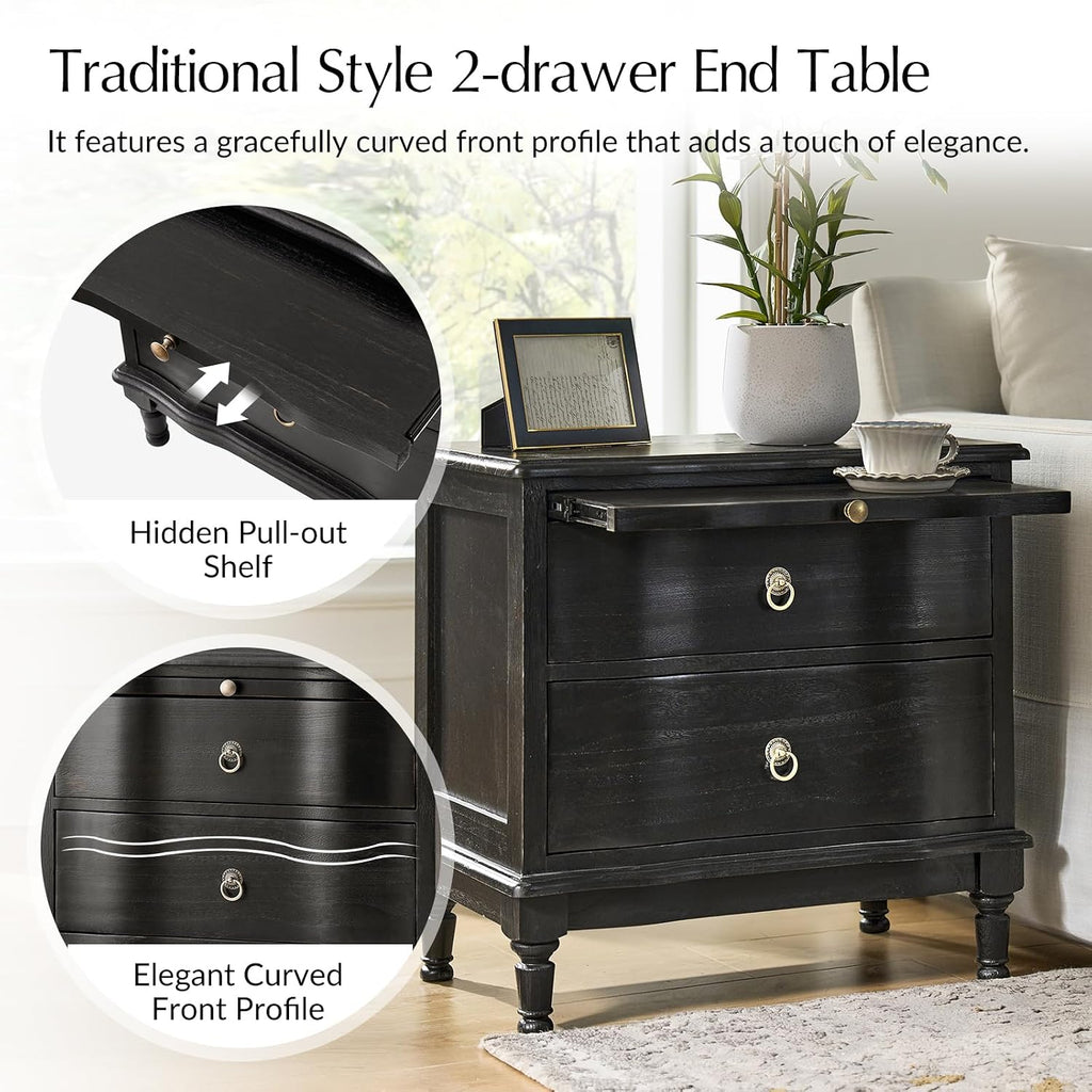 HULALA HOME Solid Wood Storage End Tables with Hidden Pull-Out Shelf, Transitional 2 Drawer Side Tables with Charging Station, Large SideTables with USB Ports, Easy Assembly, (Set of 2, Charcoal)