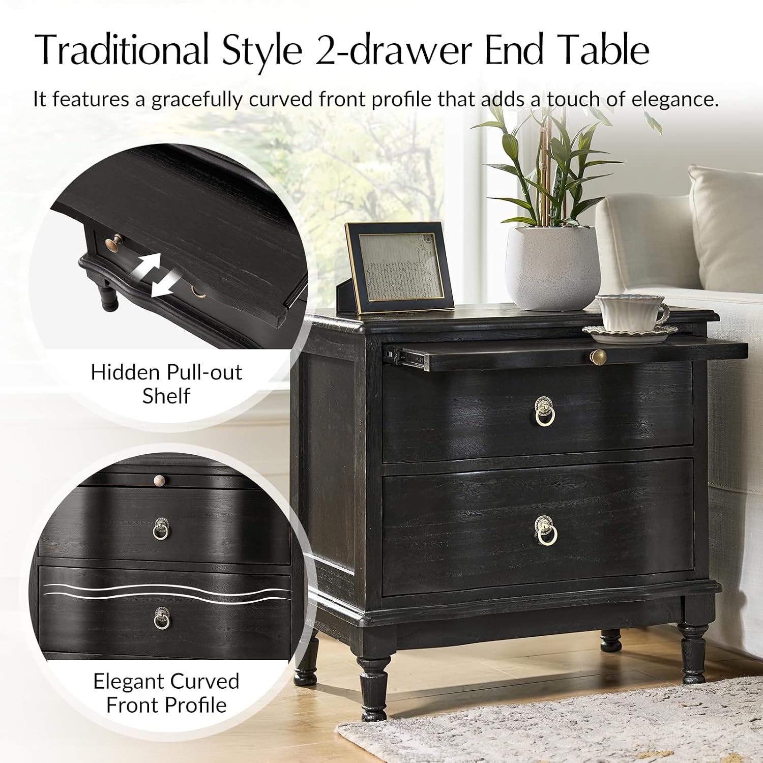 HULALA HOME Solid Wood Storage End Tables with Hidden Pull-Out Shelf, Transitional 2 Drawer Side Tables with Charging Station, Large SideTables with USB Ports, Easy Assembly, (Set of 2, Charcoal)